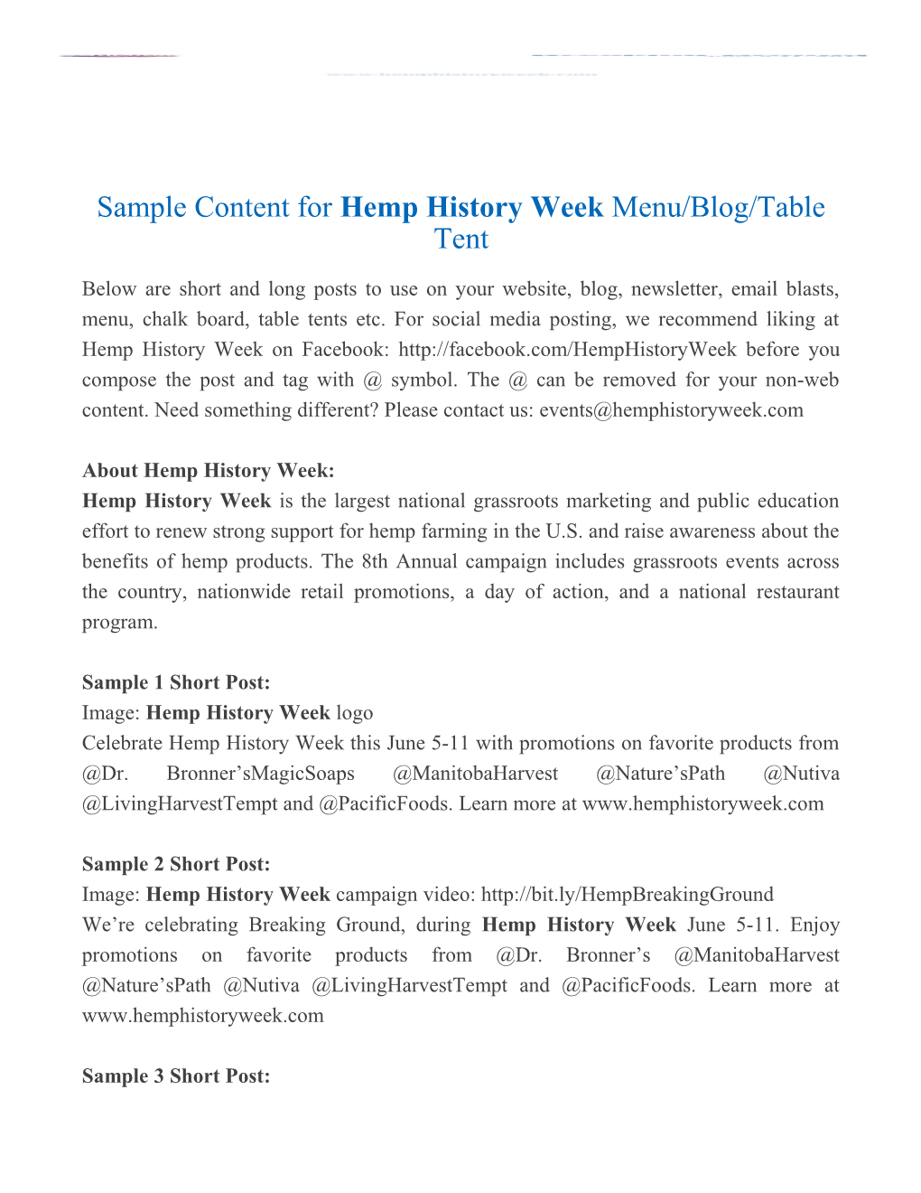 Sample Content for Hemp History Week Menu/Blog/Table Tent