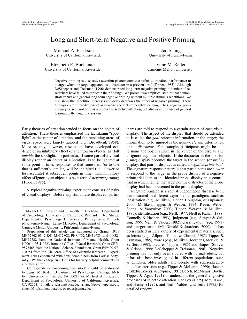 Long and Short-Term Negative and Positive Priming