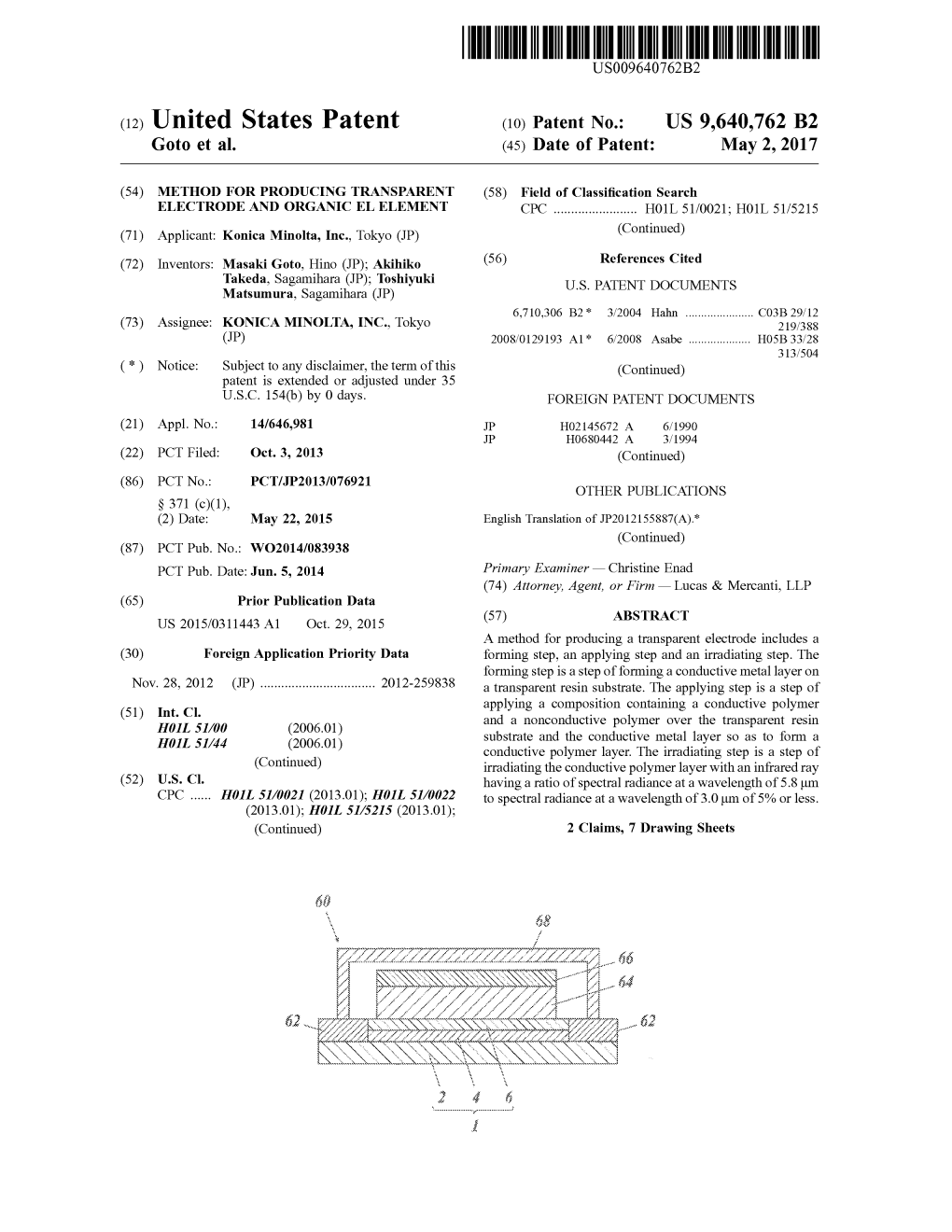 (12) United States Patent (10) Patent No.: US 9,640,762 B2 Goto Et Al