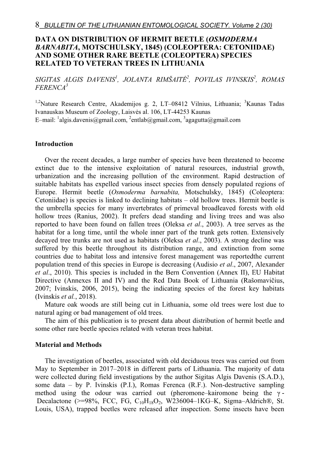 Data on Distribution of Hermit Beetle (Osmoderma