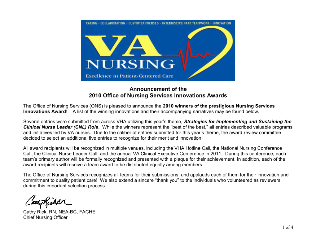 2006 Office of Nursing Services Innovations Award Recipients