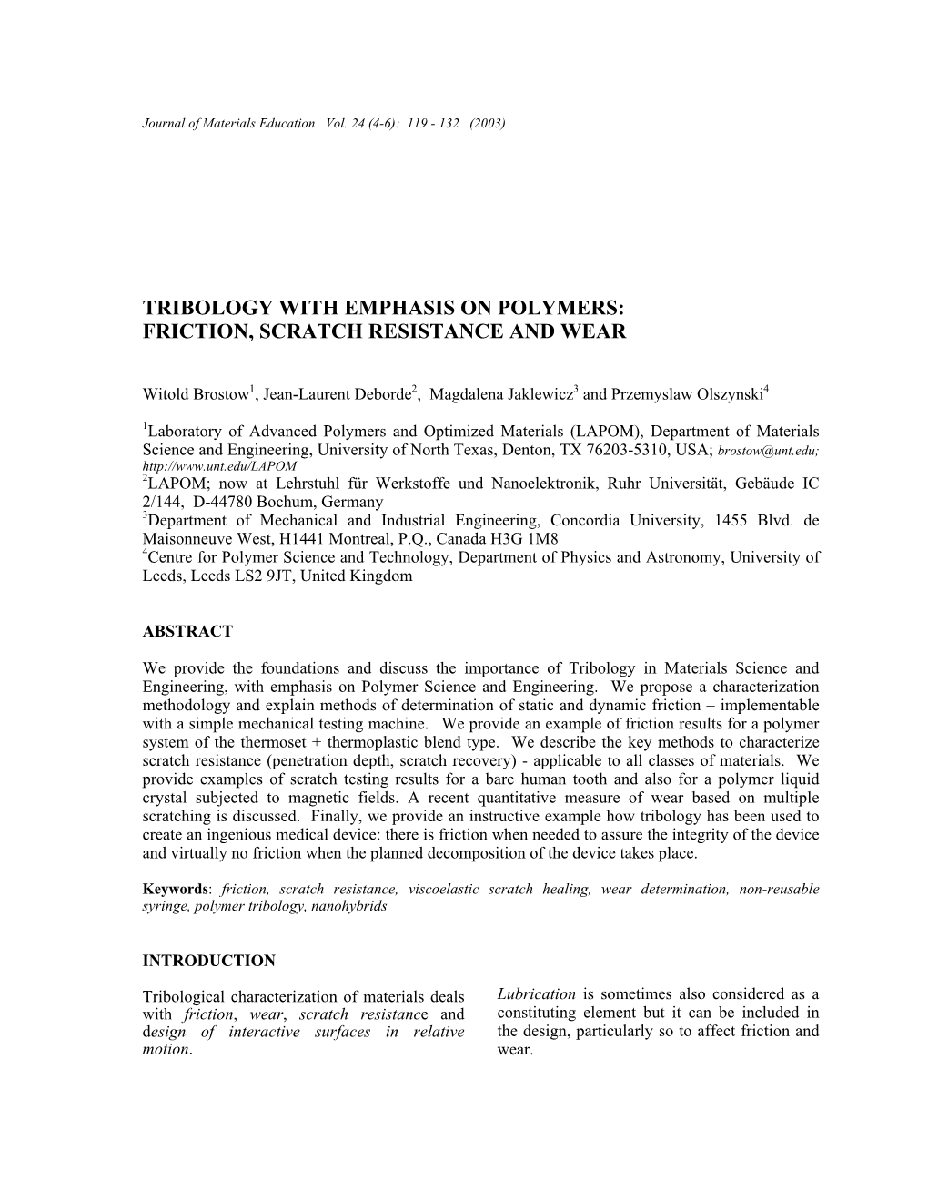 Tribology with Emphasis on Polymers: Friction, Scratch Resistance and Wear