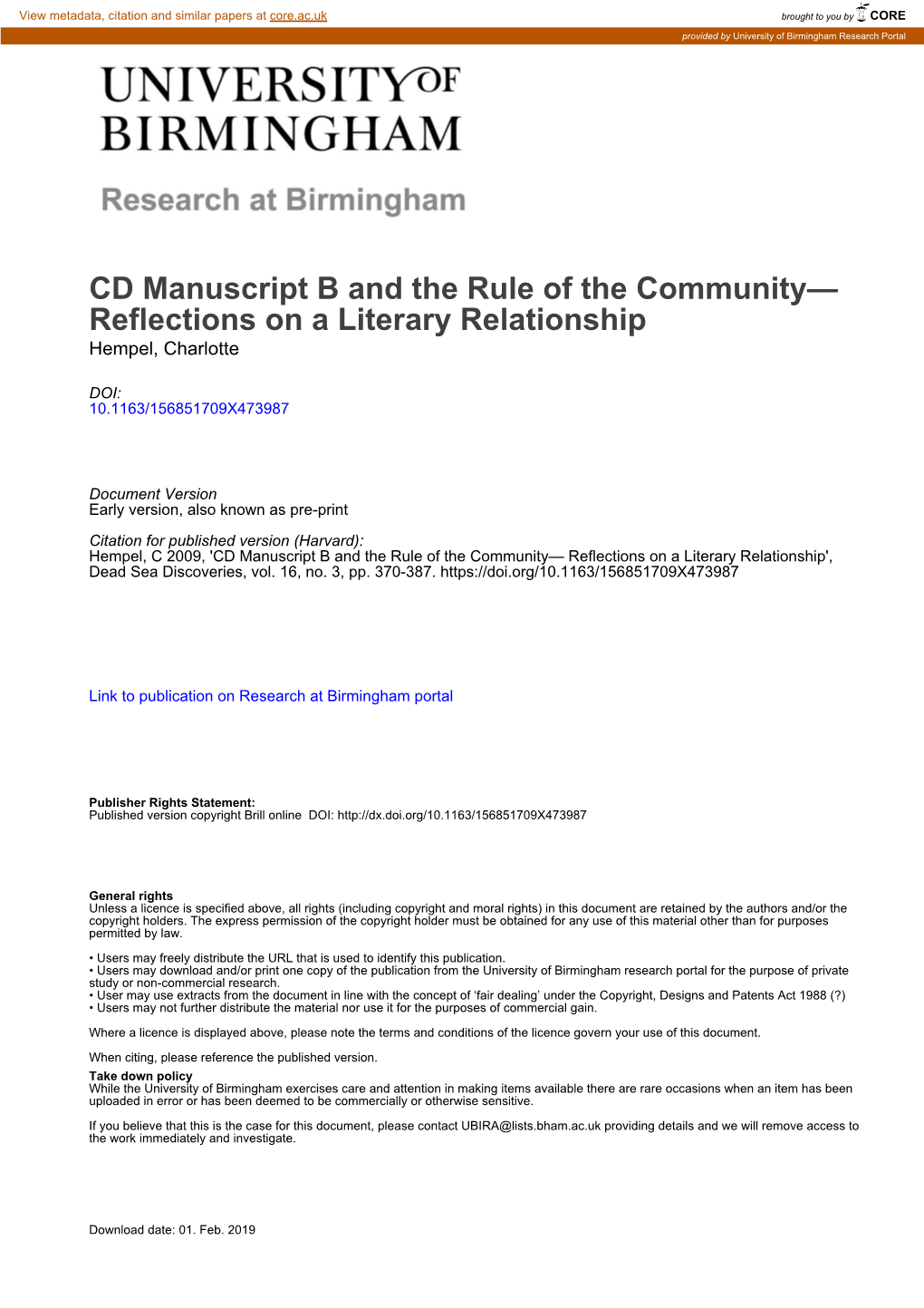 CD Manuscript B and the Rule of the Community— Reflections on a Literary Relationship Hempel, Charlotte