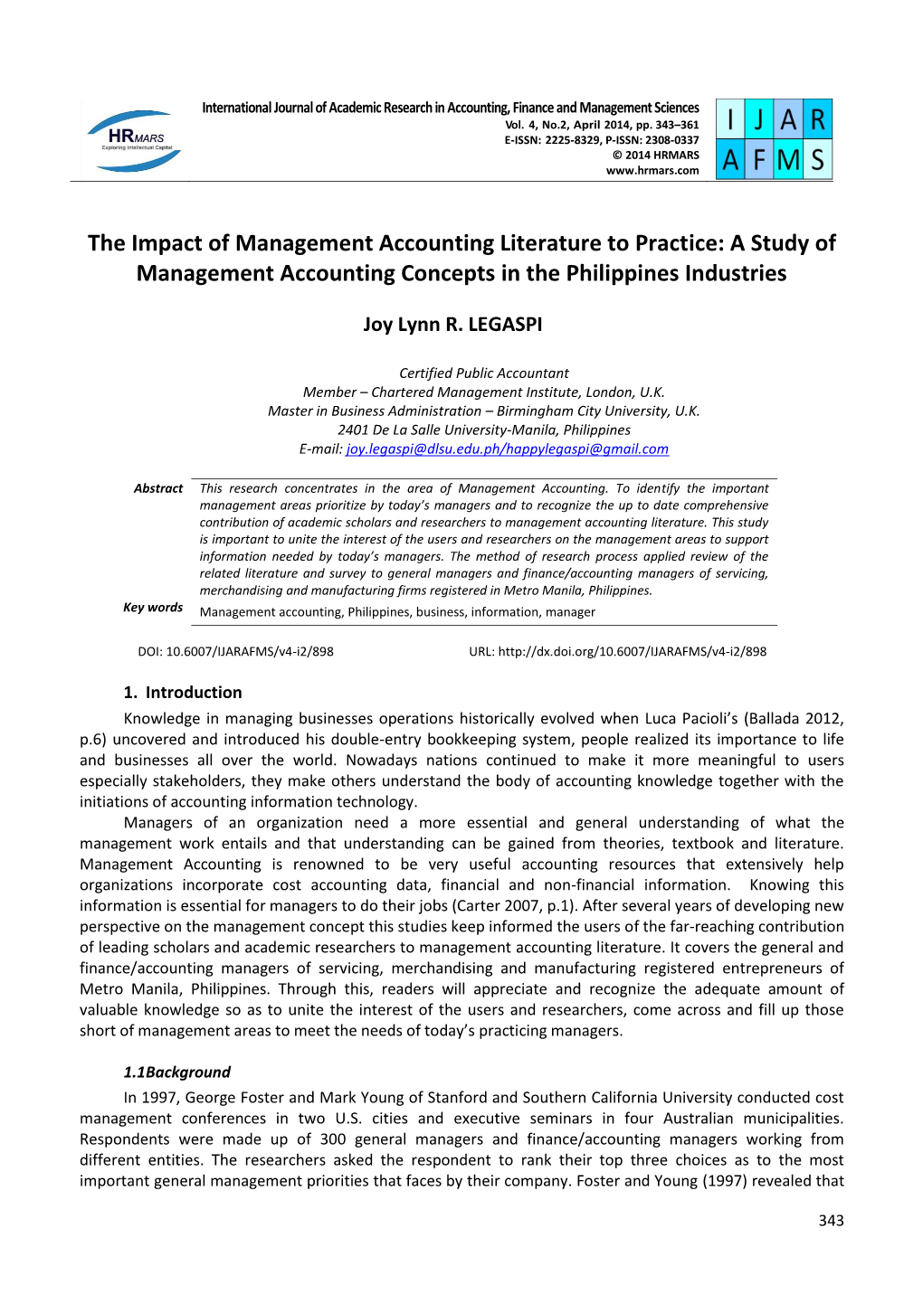 The Impact of Management Accounting Literature to Practice: a Study of Management Accounting Concepts in the Philippines Industries