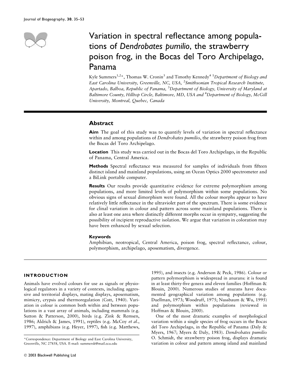 Variation in Spectral Reflectance Among Popula- Tions of Dendrobates Pumilio, the Strawberry Poison Frog, in the Bocas Del Toro