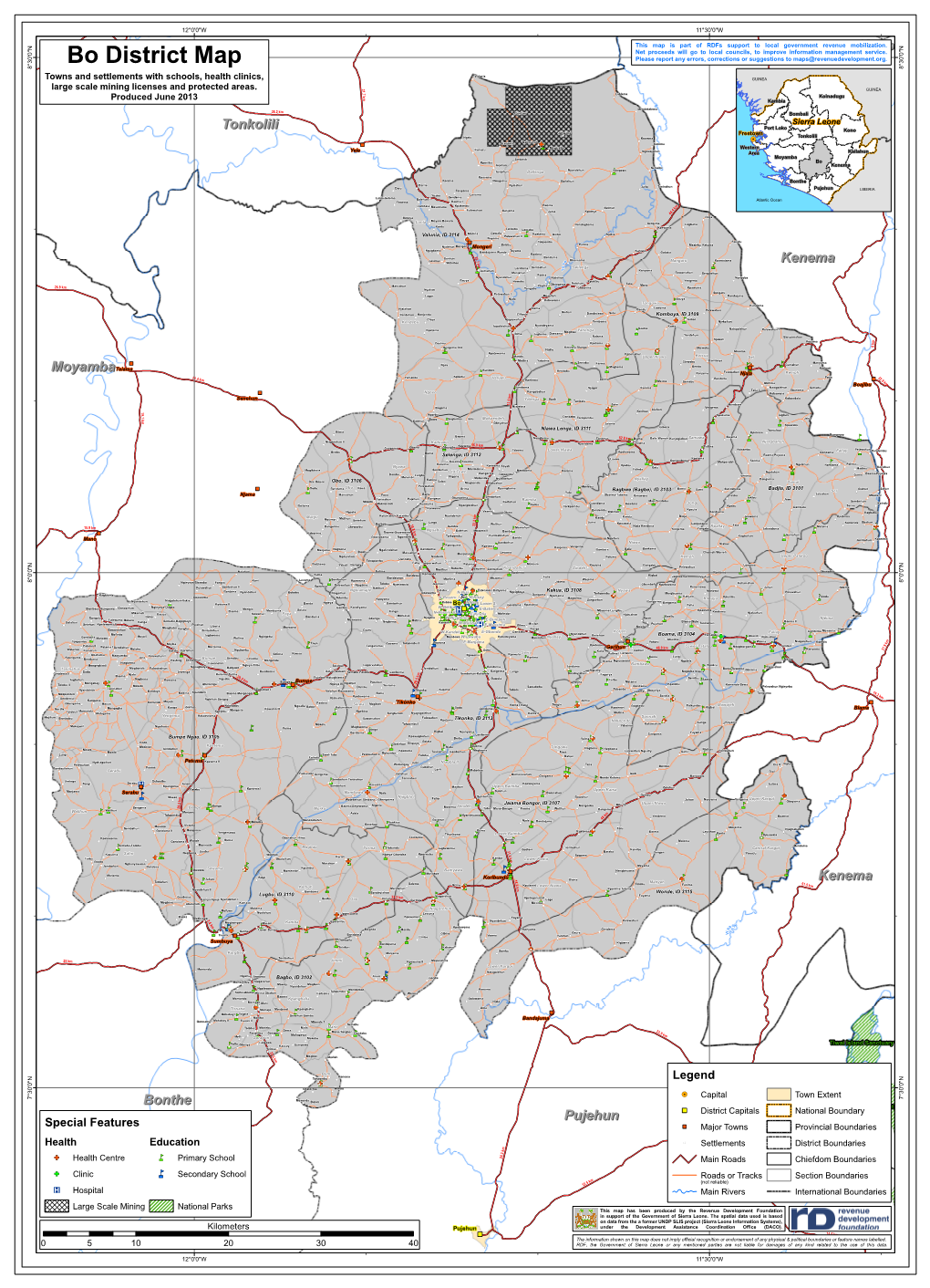 Bo District Map 8 Victoria Towns and Settlements with Schools, Health Clinics, !( GUINEA