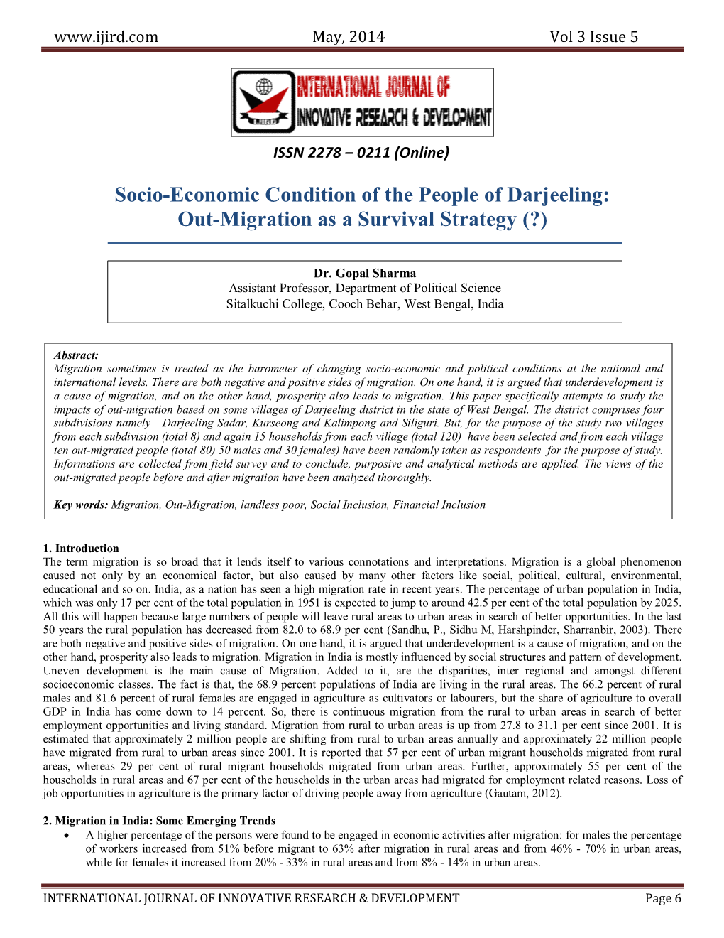 Socio-Economic Condition of the People of Darjeeling: Out-Migration As a Survival Strategy (?)