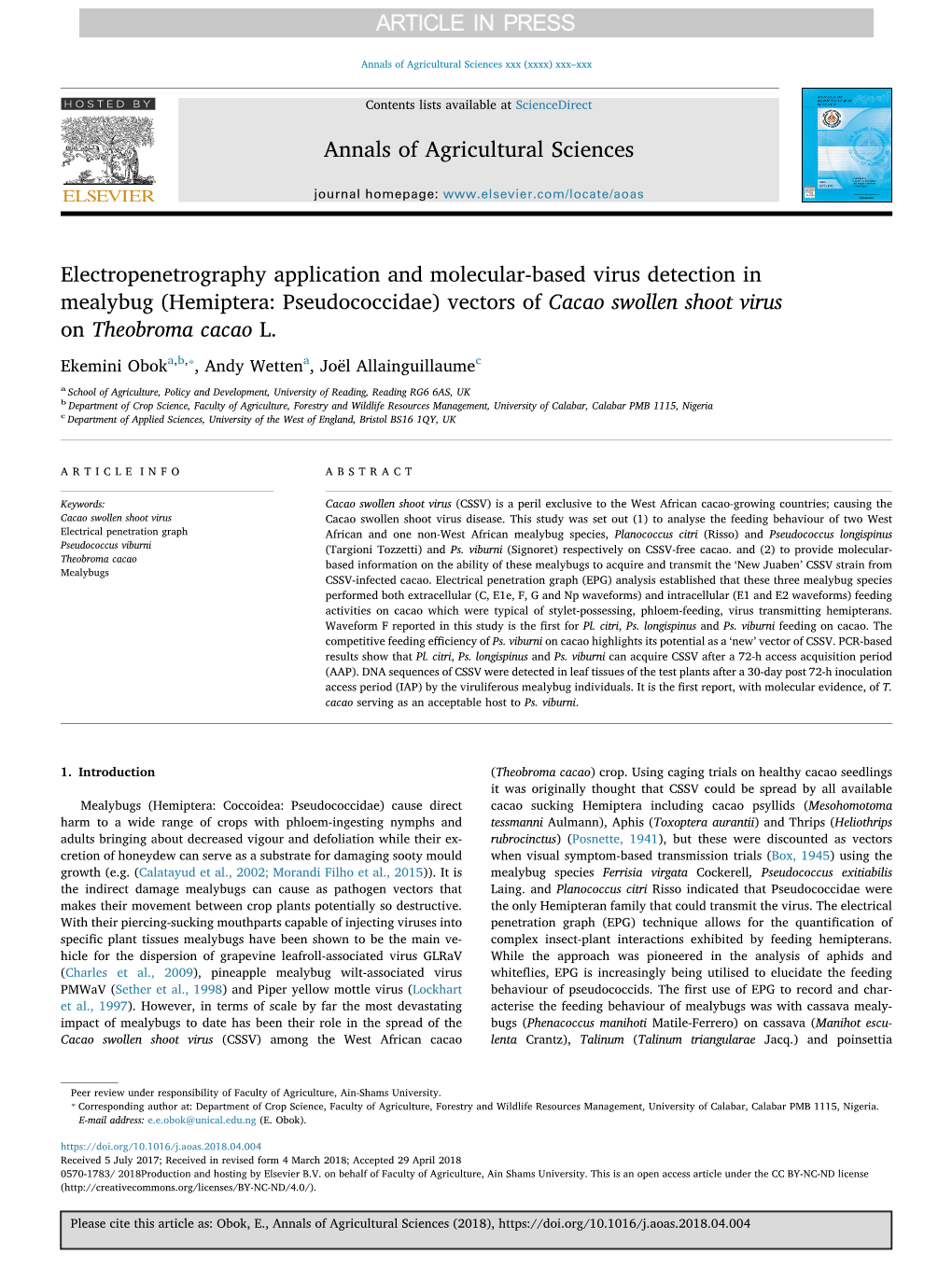 Electropenetrography Application and Molecular-Based Virus Detection in Mealybug (Hemiptera: Pseudococcidae) Vectors of Cacao Swollen Shoot Virus on Theobroma Cacao L