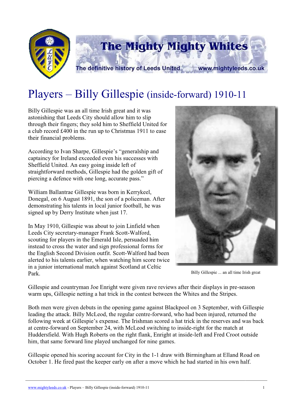 Players – Billy Gillespie (Inside-Forward) 1910-11