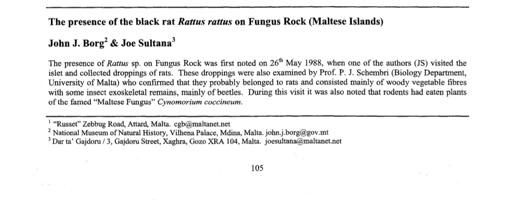 The Presence of the Black Rat Rattus Rattus on Fungus Rock (Maltese Islands)