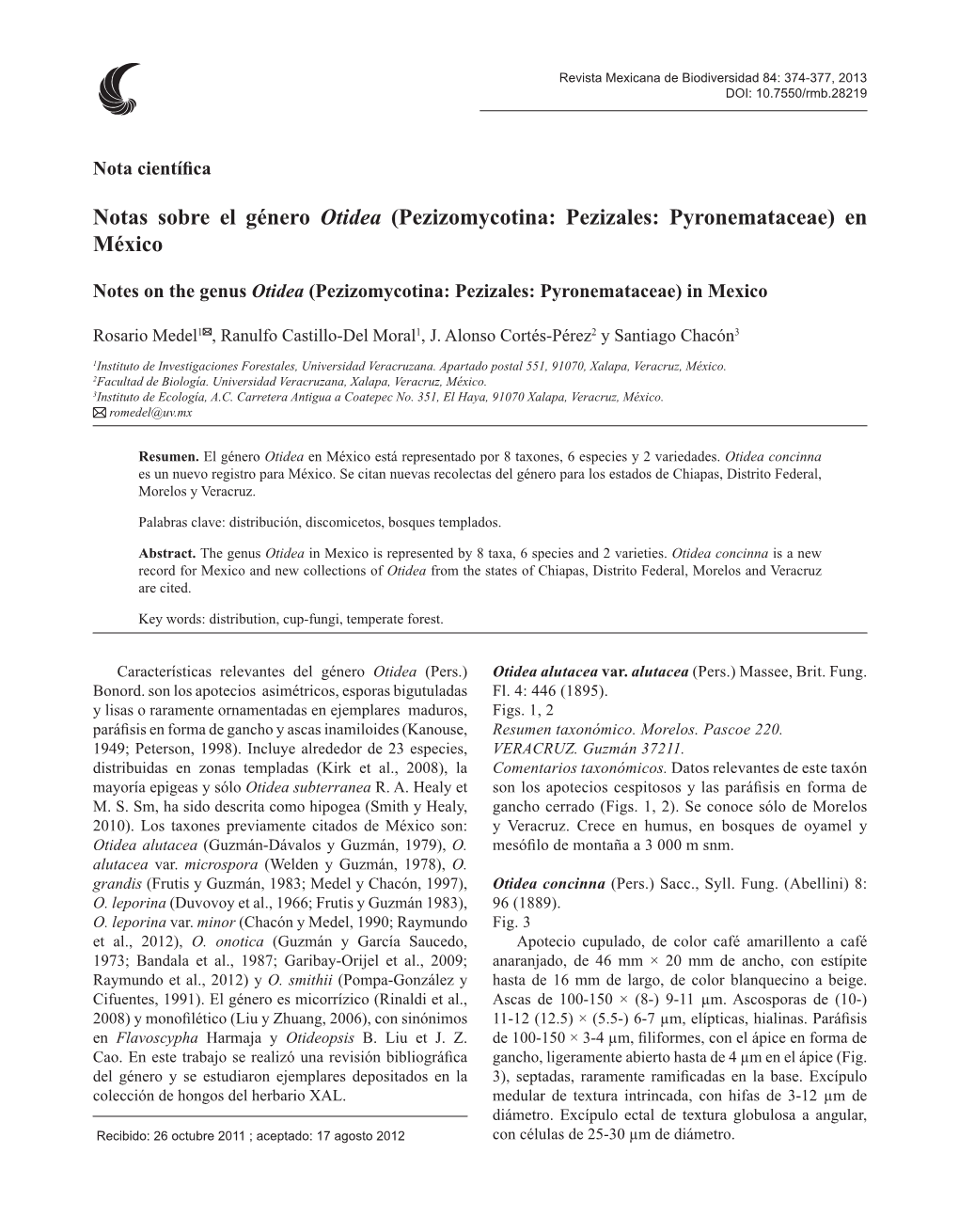 Notas Sobre El Género Otidea (Pezizomycotina: Pezizales: Pyronemataceae) En México