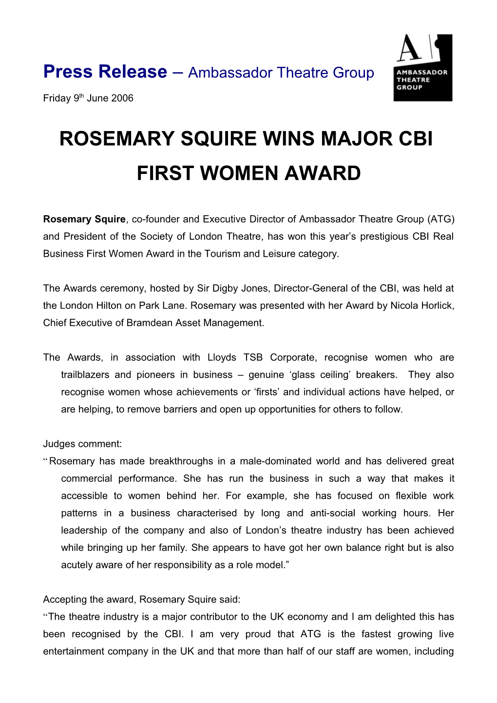 Rosemary Squire Wins First Women Award