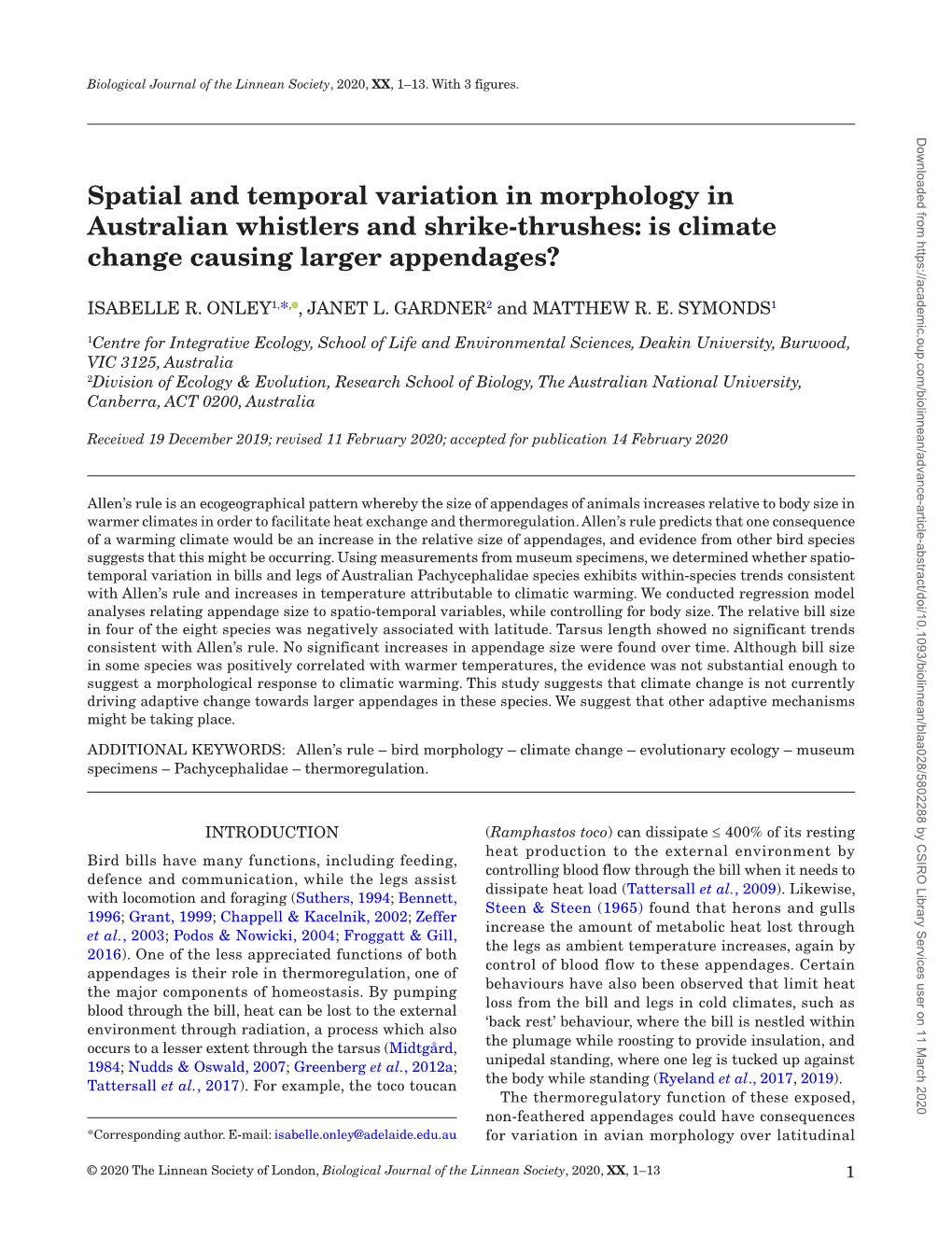 Spatial and Temporal Variation in Morphology in Australian Whistlers and Shrike-Thrushes: Is Climate Change Causing Larger Appendages?