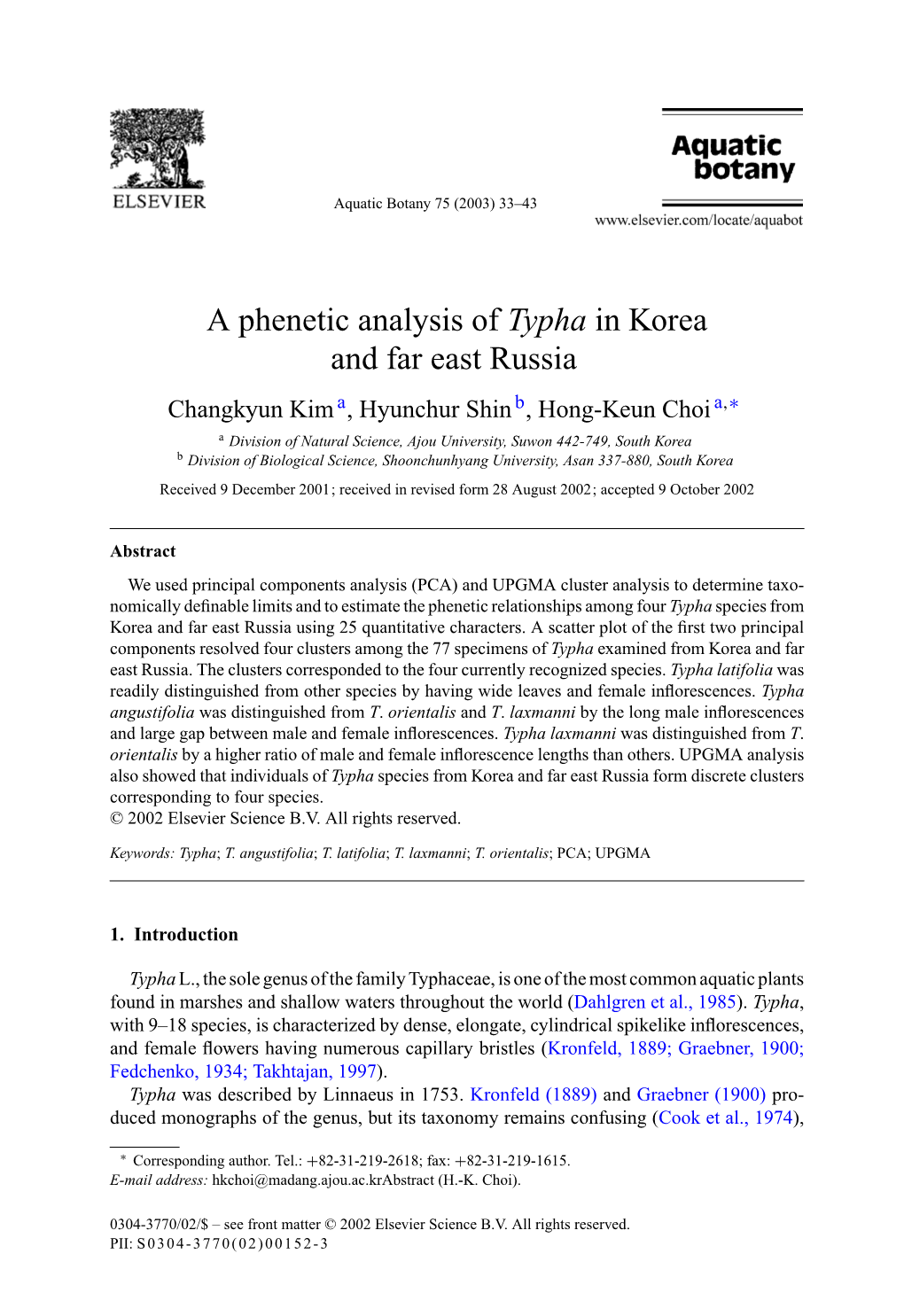 A Phenetic Analysis of Typha in Korea and Far East Russia