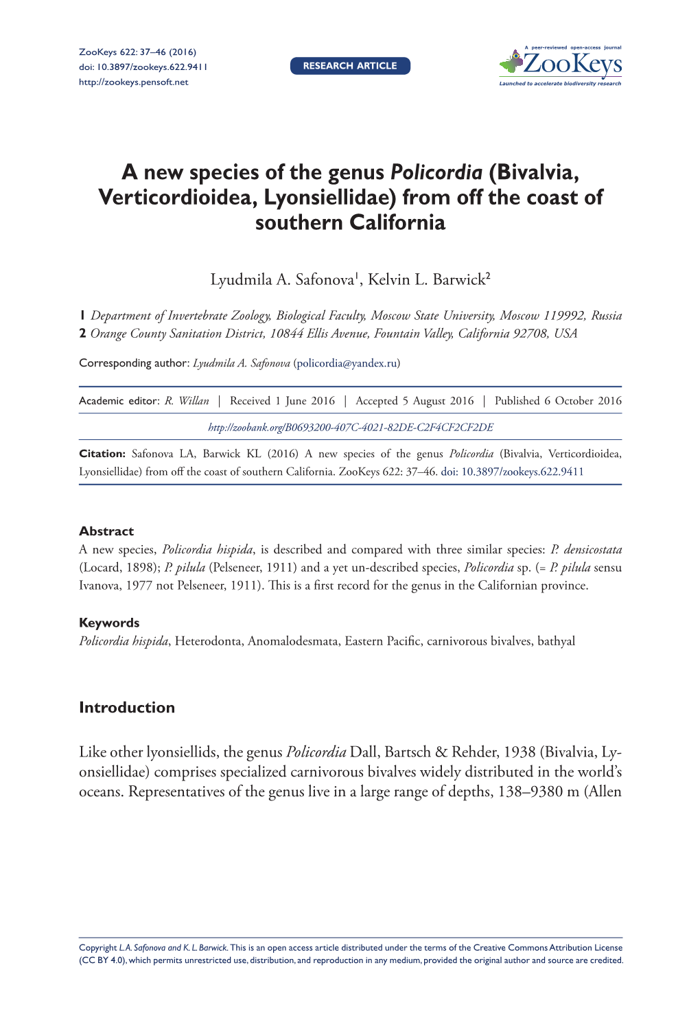 (Bivalvia, Verticordioidea, Lyonsiellidae) from Off the Coast of Southern California