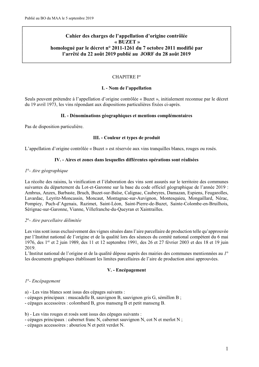 Cahier Des Charges De L'appellation D'origine Contrôlée Buzet