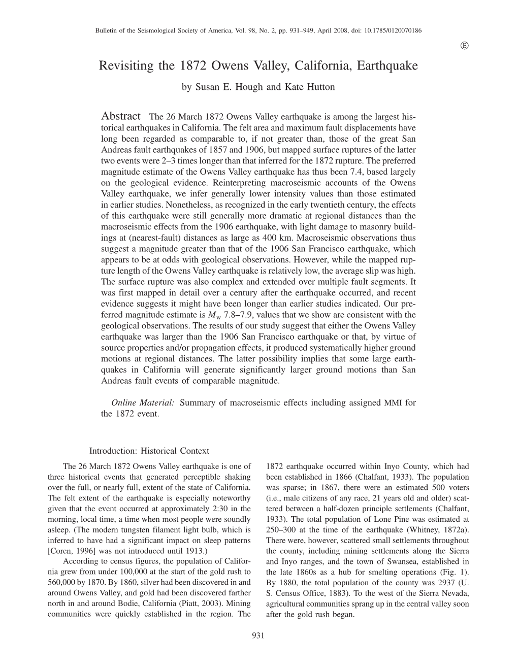 Revisiting the 1872 Owens Valley, California, Earthquake by Susan E