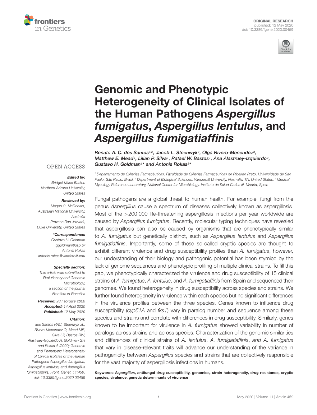 Genomic and Phenotypic Heterogeneity of Clinical Isolates of the Human Pathogens Aspergillus Fumigatus, Aspergillus Lentulus, and Aspergillus Fumigatiafﬁnis