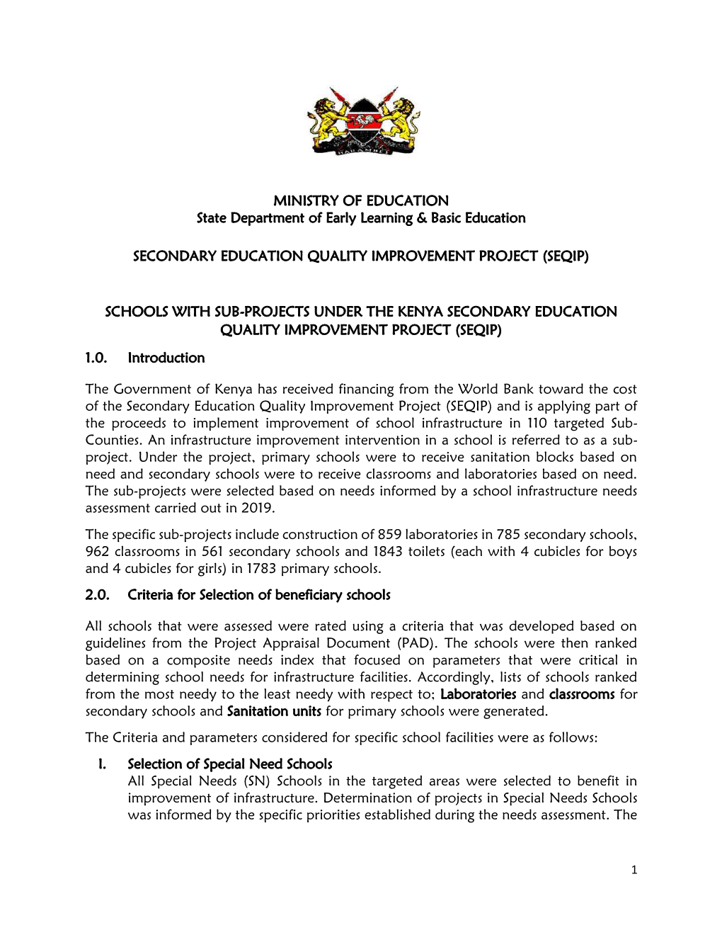 Selection Criteria for Schools Under Seqip