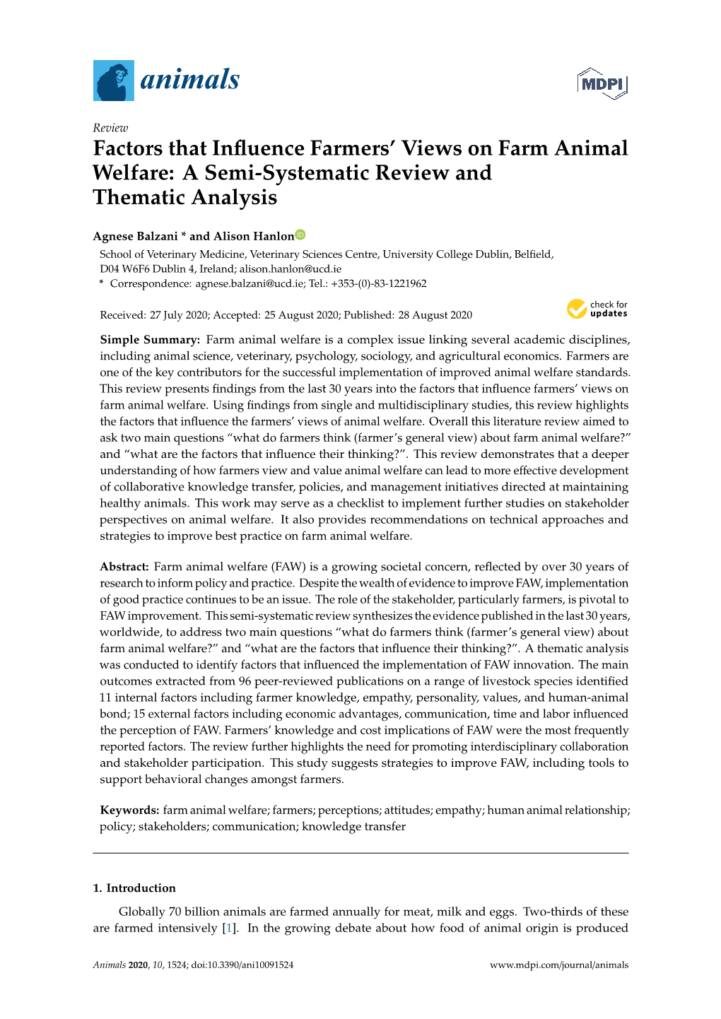 Factors That Influence Farmers' Views on Farm Animal Welfare