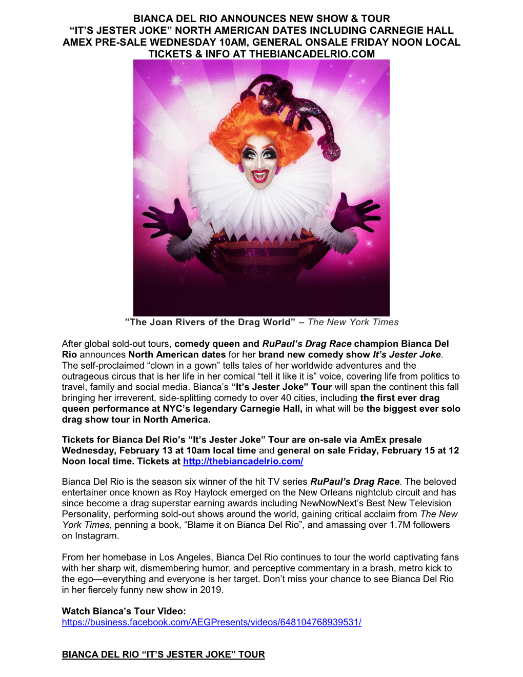 Bianca Del Rio Announces New Show & Tour “It's Jester Joke”