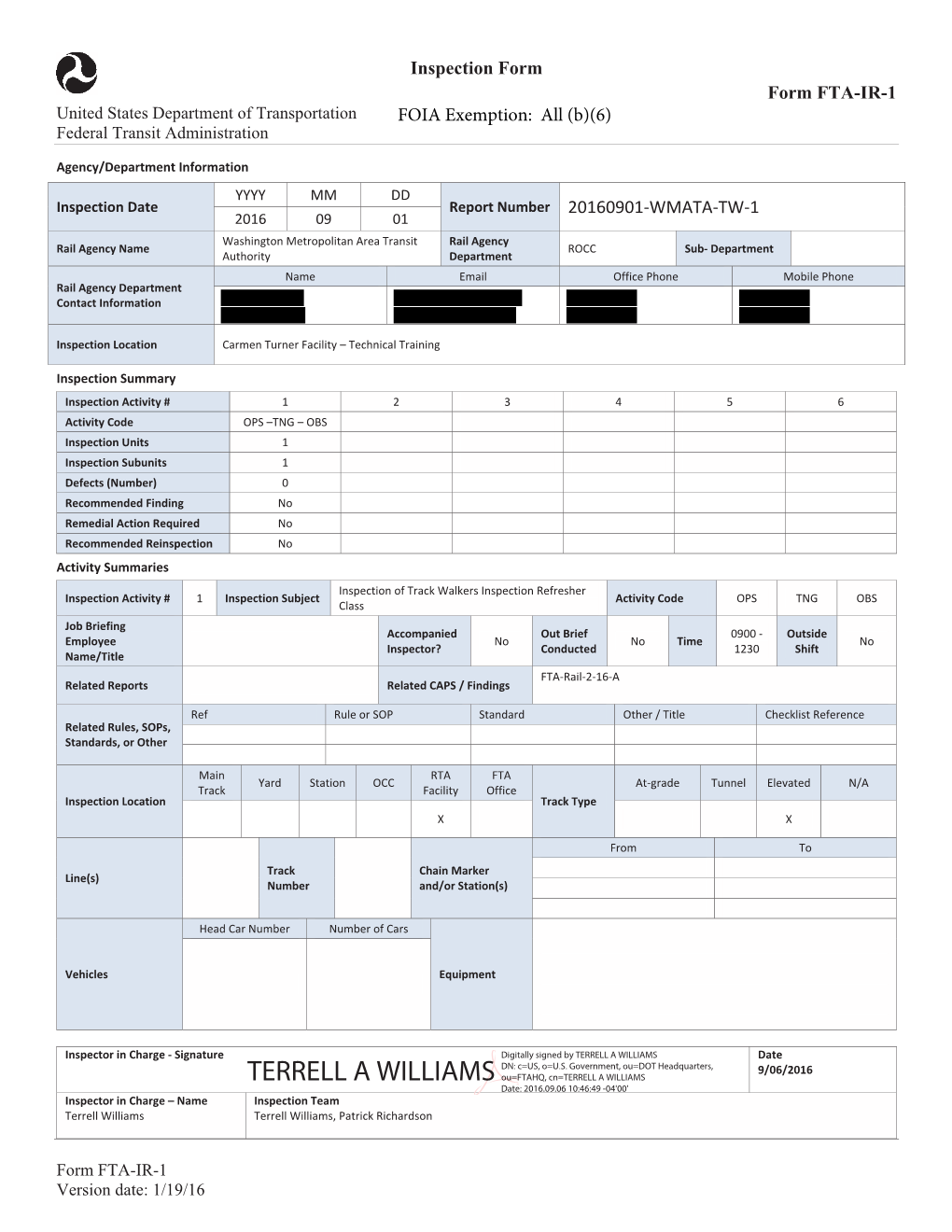 WMATA Inspection Reports September 2016