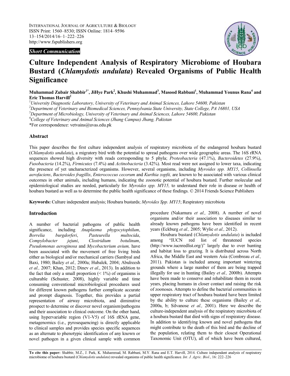 Culture Independent Analysis of Respiratory Microbiome of Houbara Bustard (Chlamydotis Undulata) Revealed Organisms of Public Health Significance