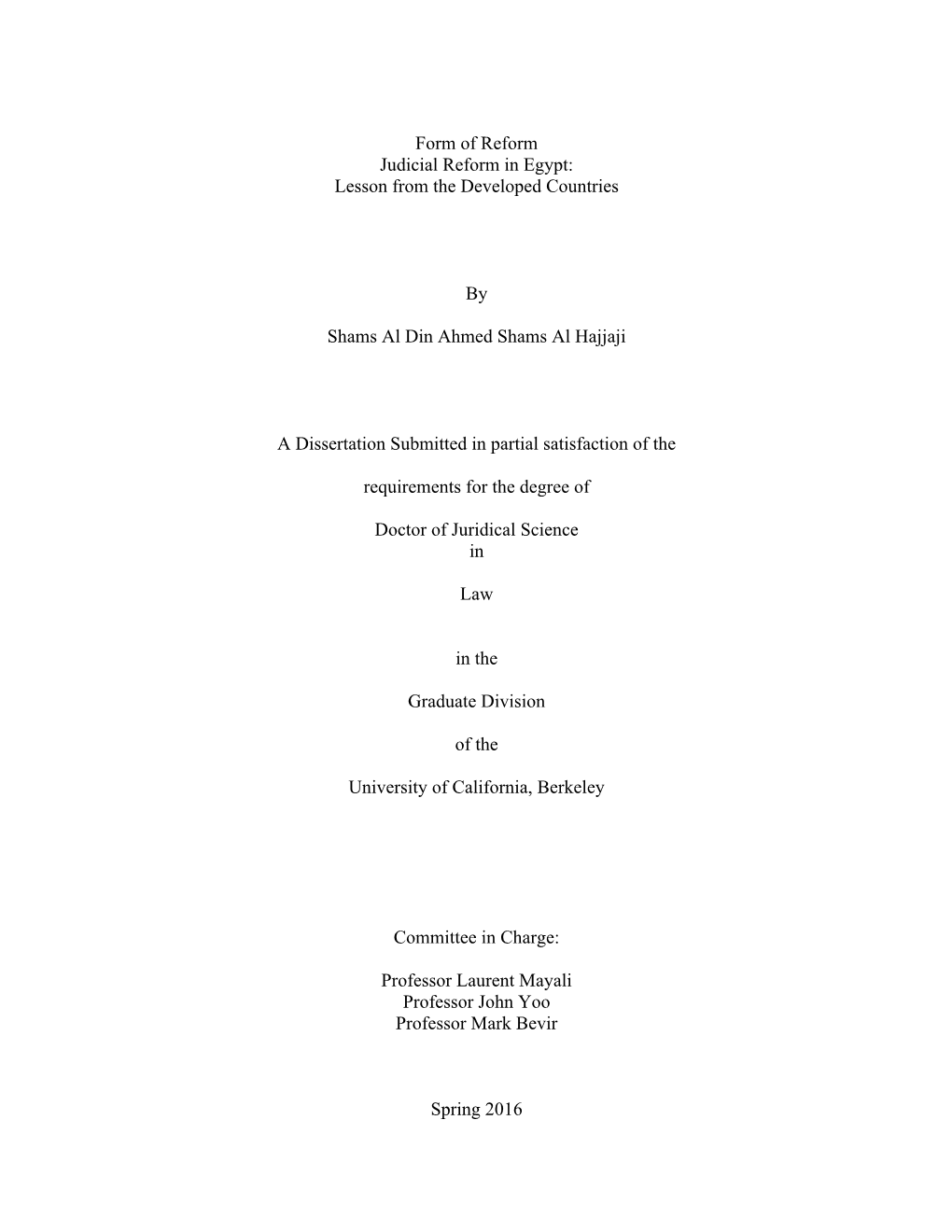 Form of Reform Judicial Reform in Egypt: Lesson from the Developed Countries