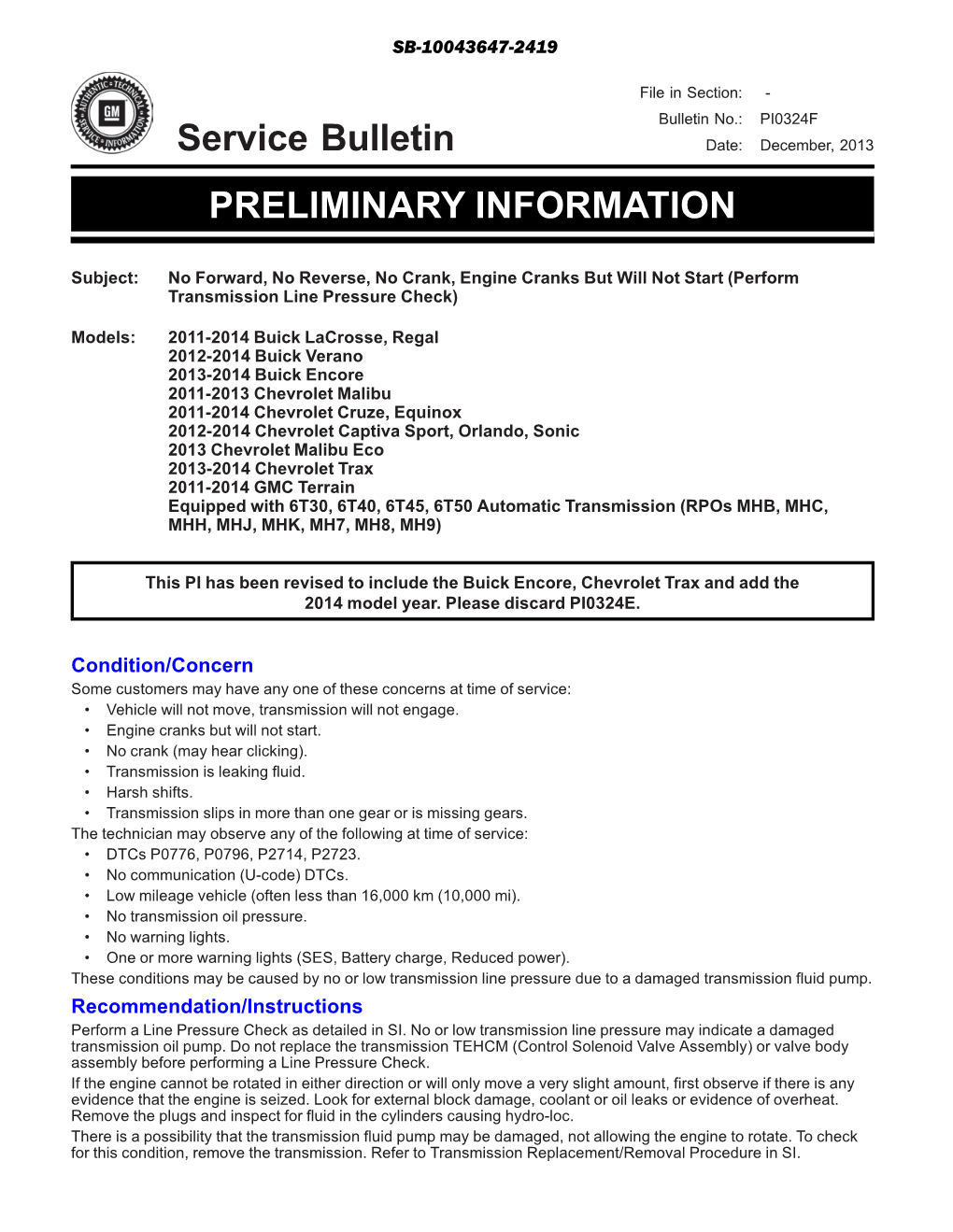 Service Bulletin PRELIMINARY INFORMATION