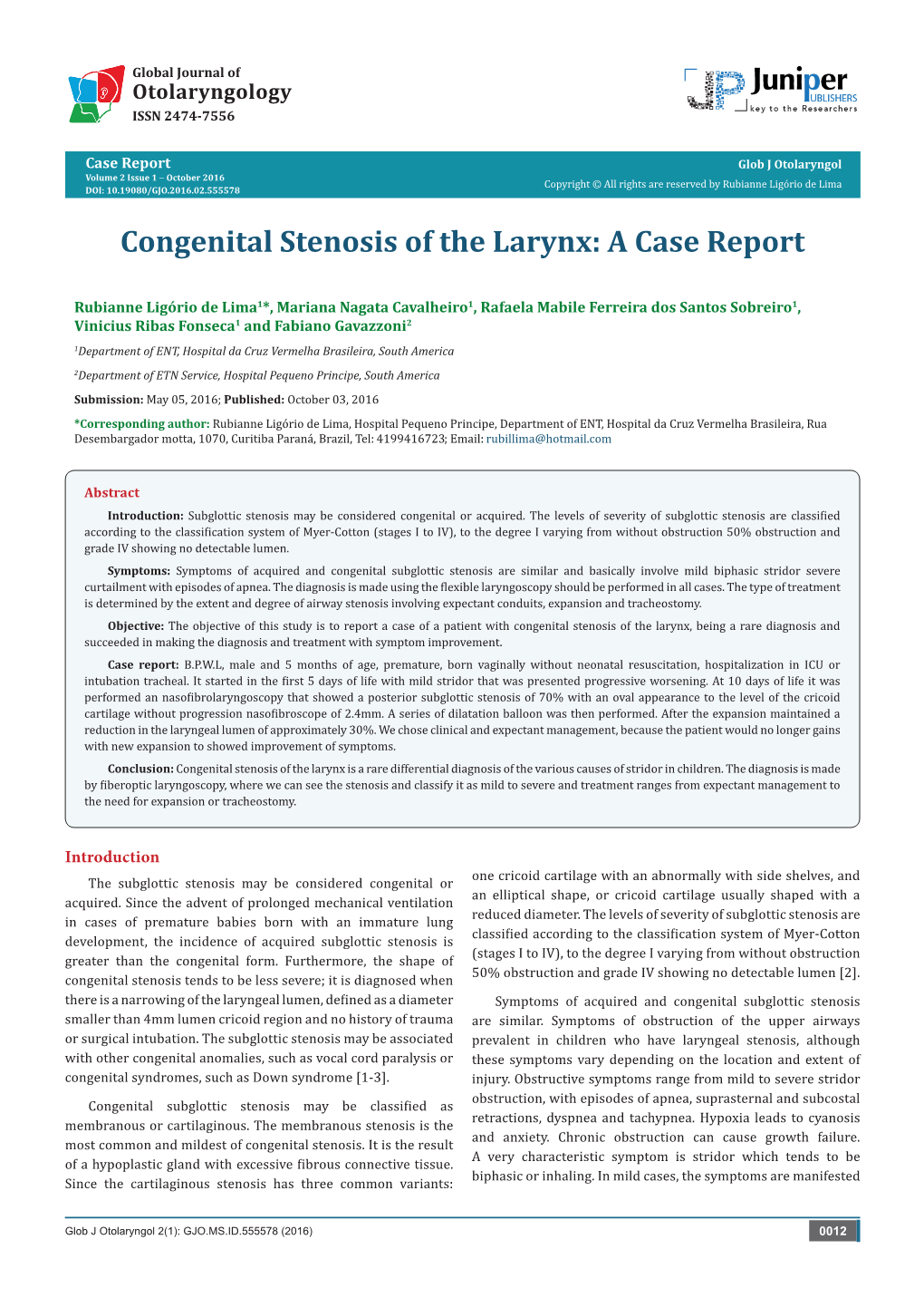 Congenital Stenosis of the Larynx: a Case Report