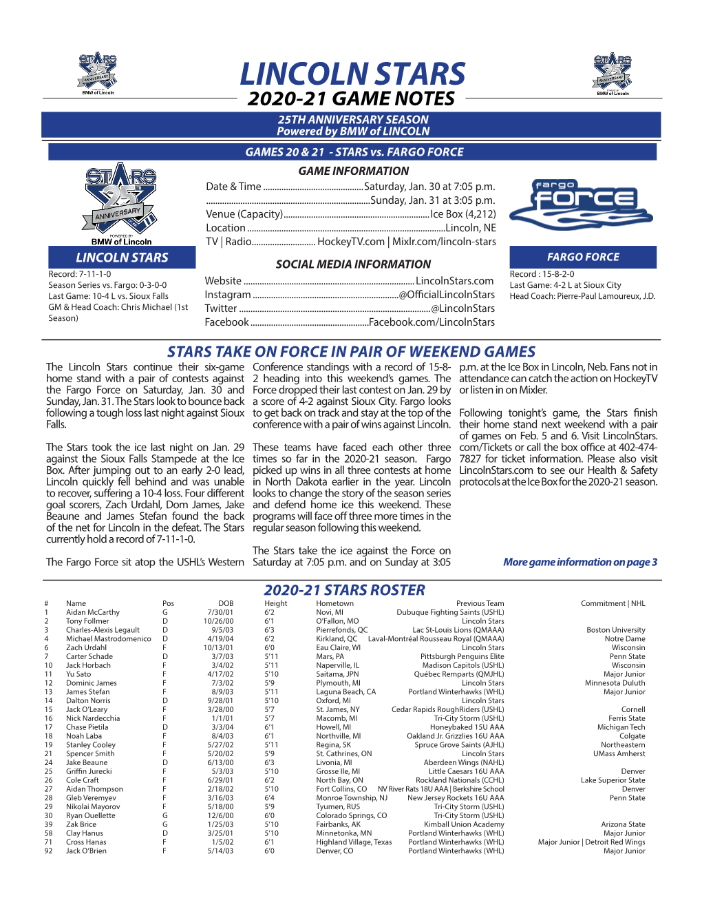 LINCOLN STARS 2020-21 GAME NOTES 25TH ANNIVERSARY SEASON Powered by BMW of LINCOLN GAMES 20 & 21 - STARS Vs