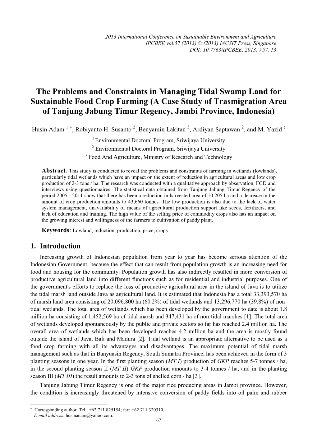 The Problems and Constraints in Managing Tidal Swamp