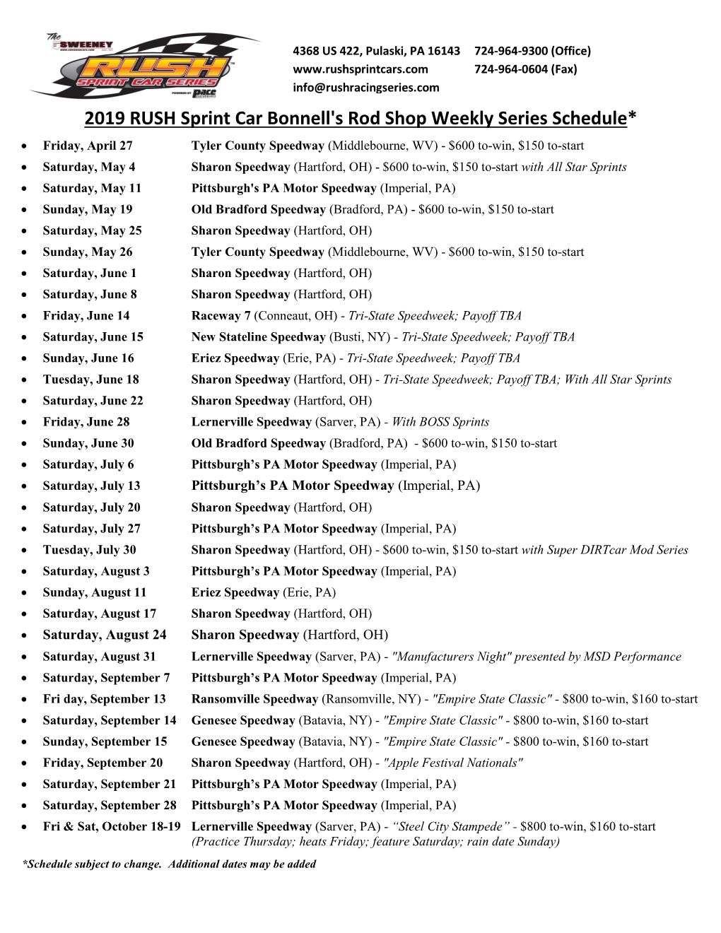 2019 RUSH Sprint Car Bonnell's Rod Shop Weekly Series Schedule*