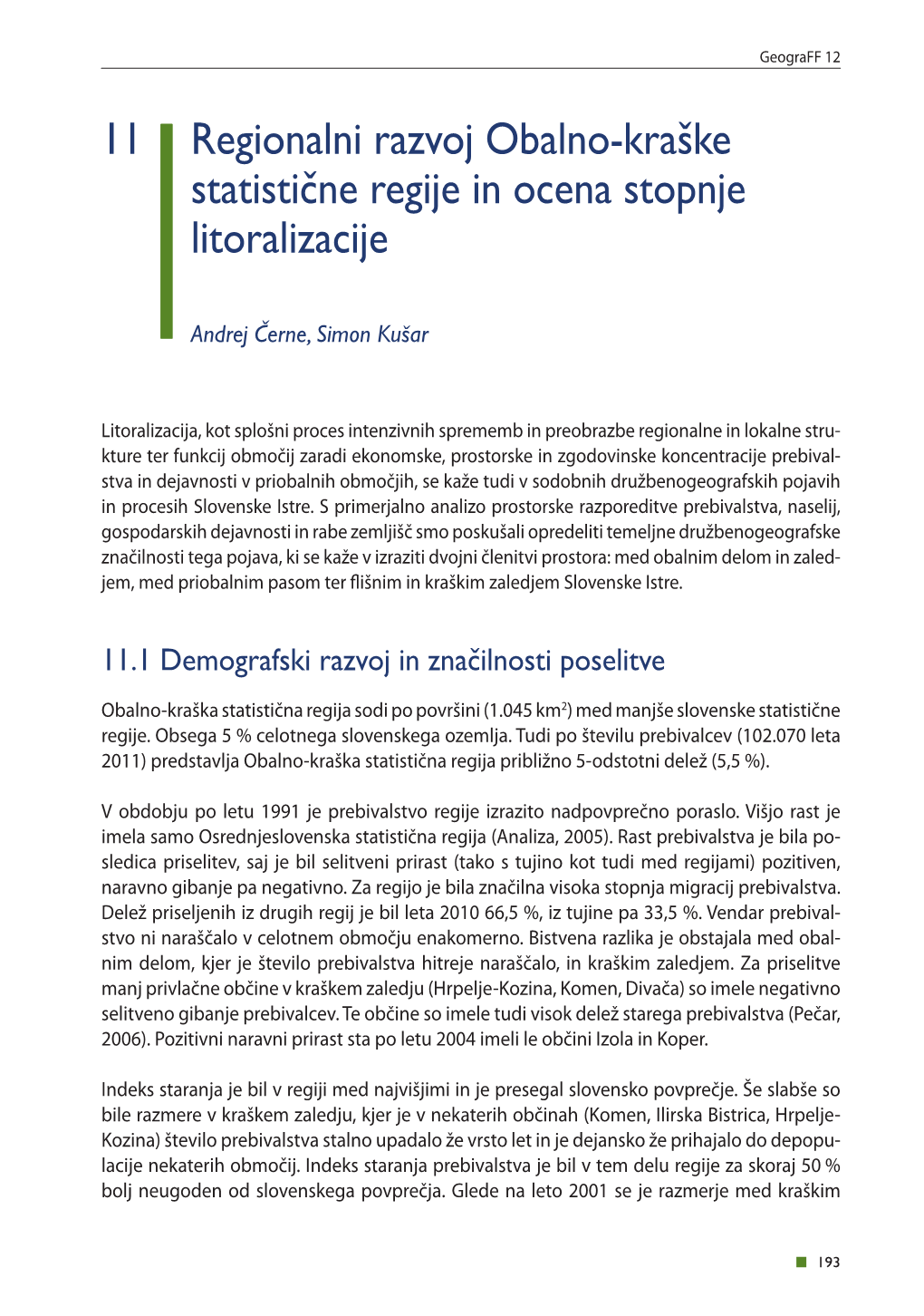 11 Regionalni Razvoj Obalno-Kraške Statistične Regije in Ocena Stopnje Litoralizacije