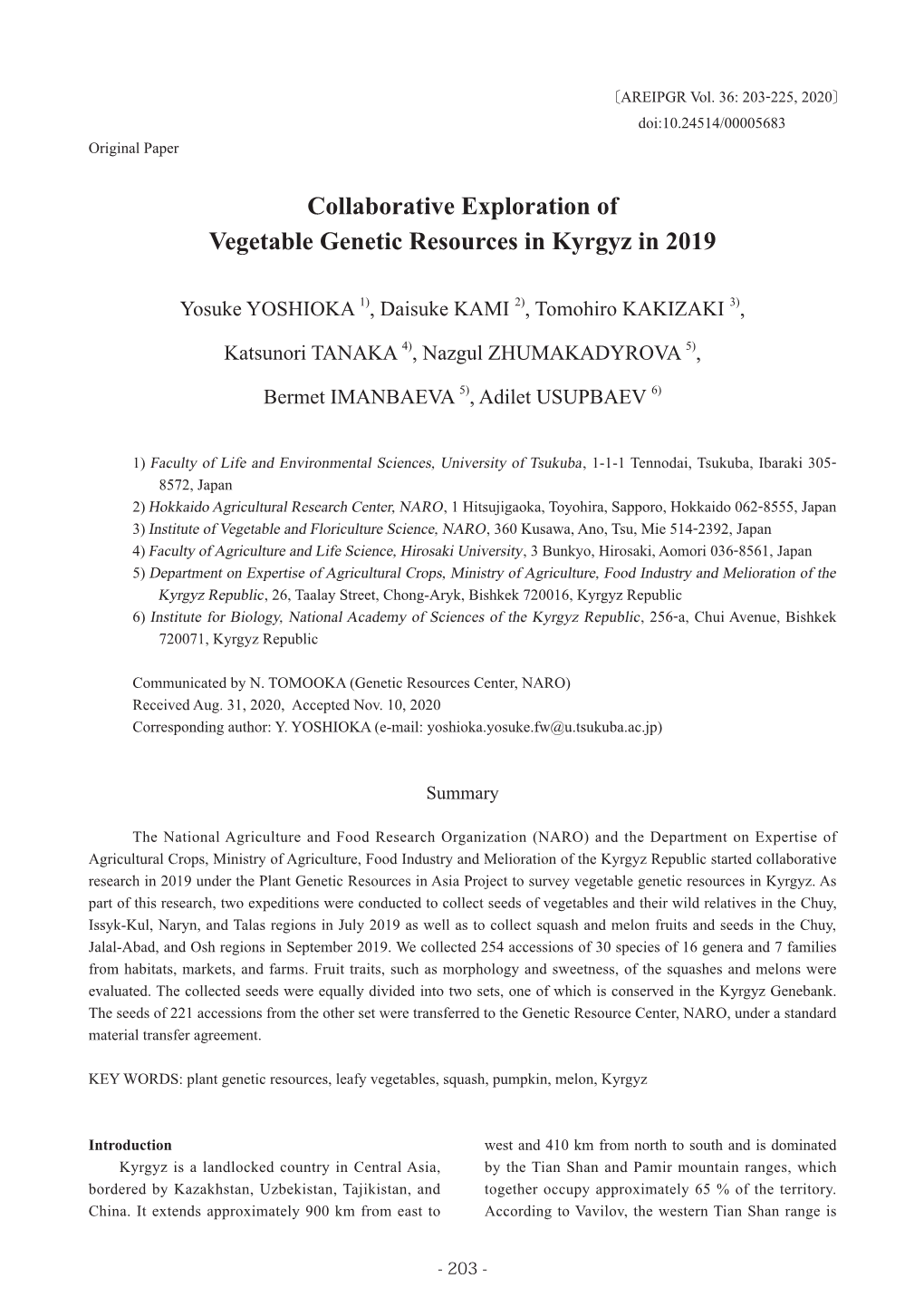 Collaborative Exploration of Vegetable Genetic Resources in Kyrgyz in 2019