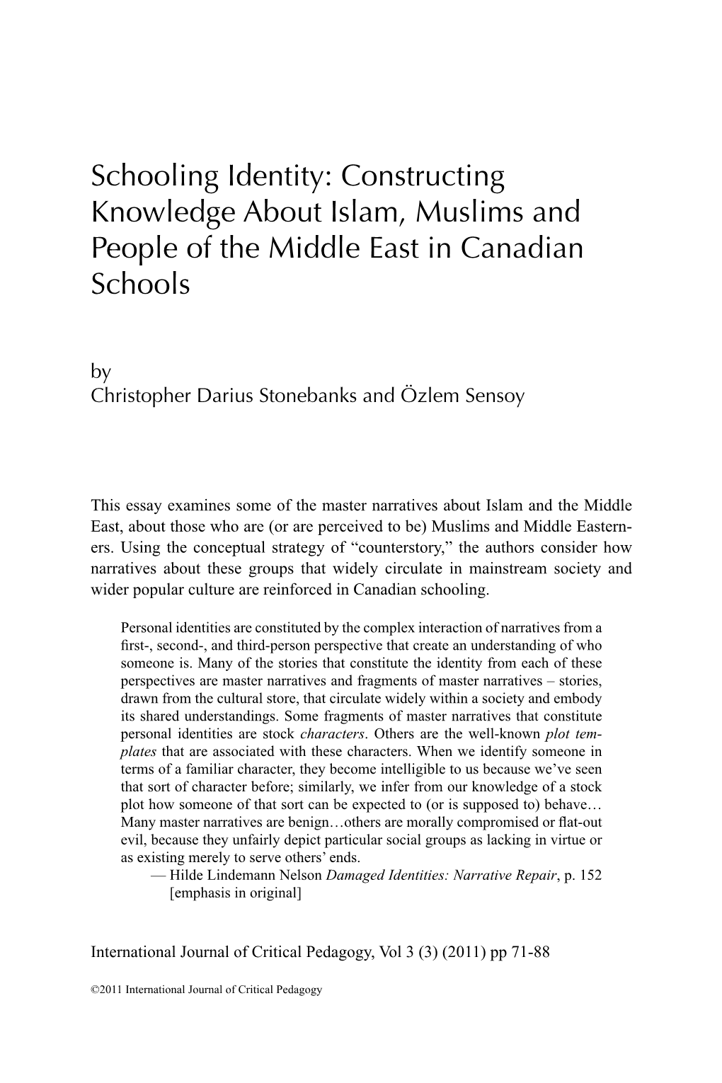 Constructing Knowledge About Islam, Muslims and People of the Middle East in Canadian Schools