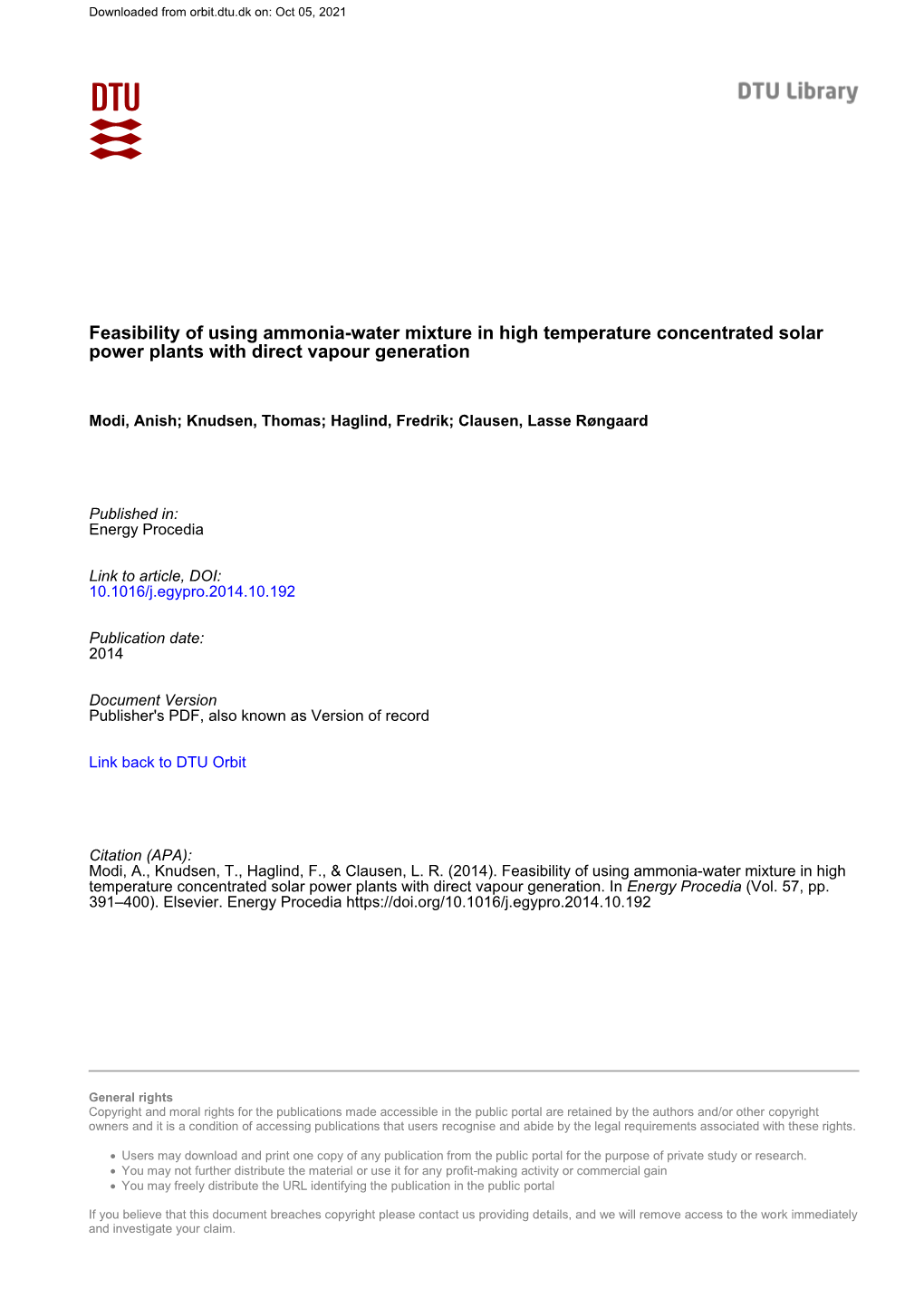 Feasibility of Using Ammonia-Water Mixture in High Temperature Concentrated Solar Power Plants with Direct Vapour Generation