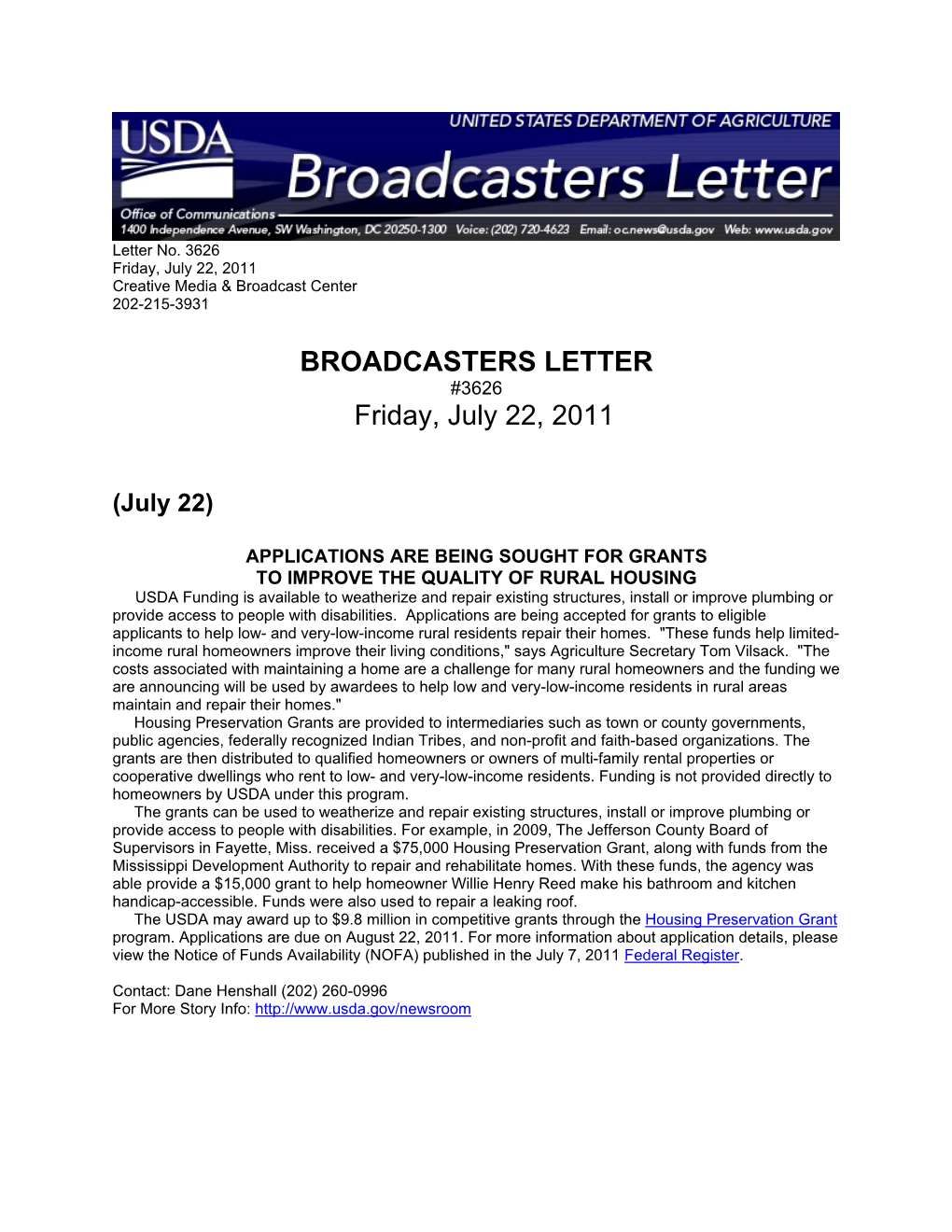 BROADCASTERS LETTER Friday, July 22, 2011
