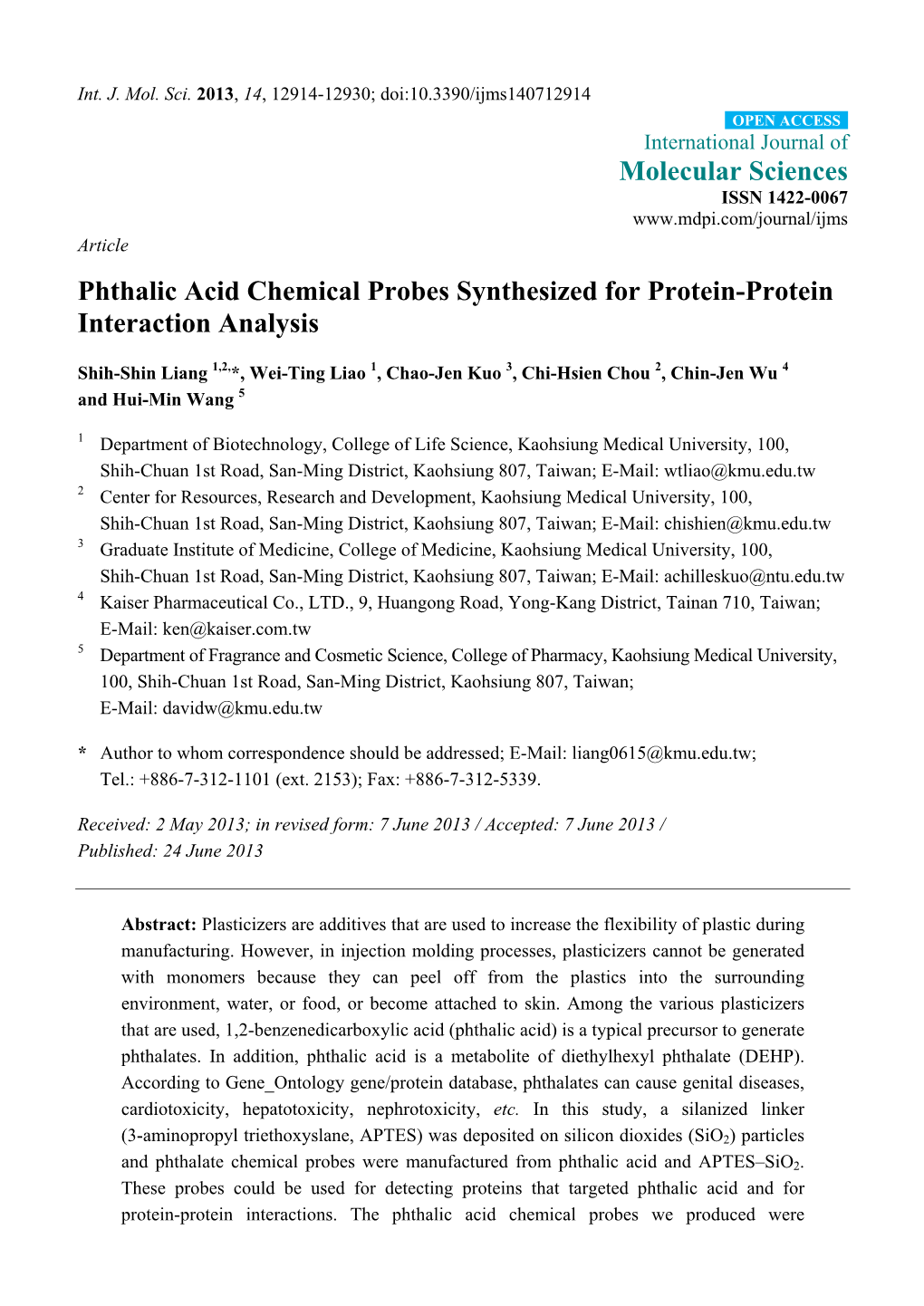 Phthalic Acid Chemical Probes Synthesized for Protein-Protein Interaction Analysis