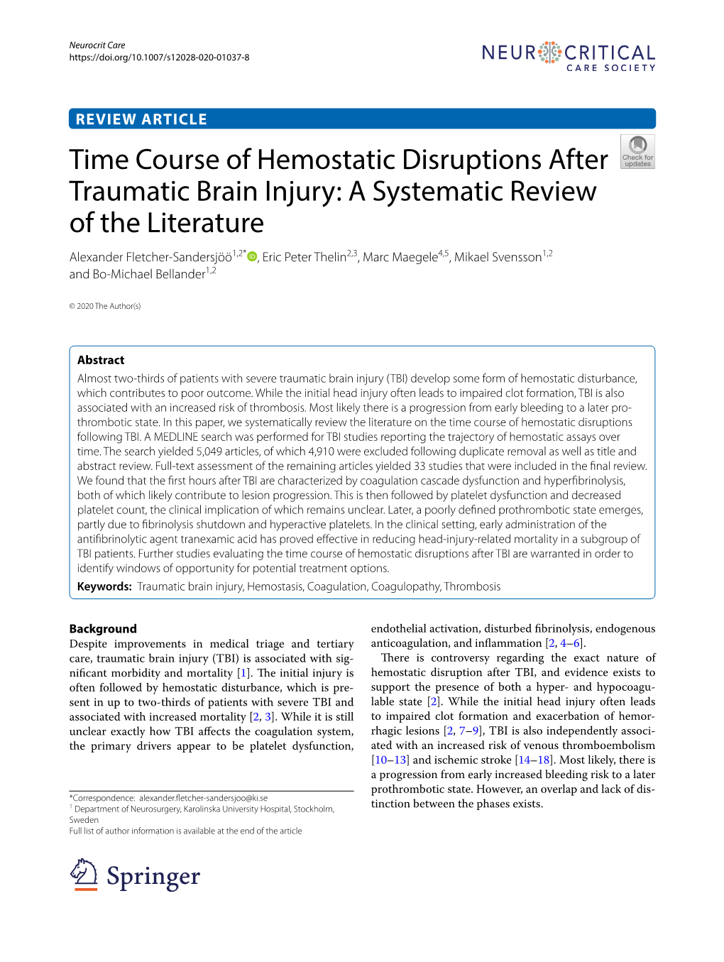 Time Course of Hemostatic Disruptions After Traumatic Brain