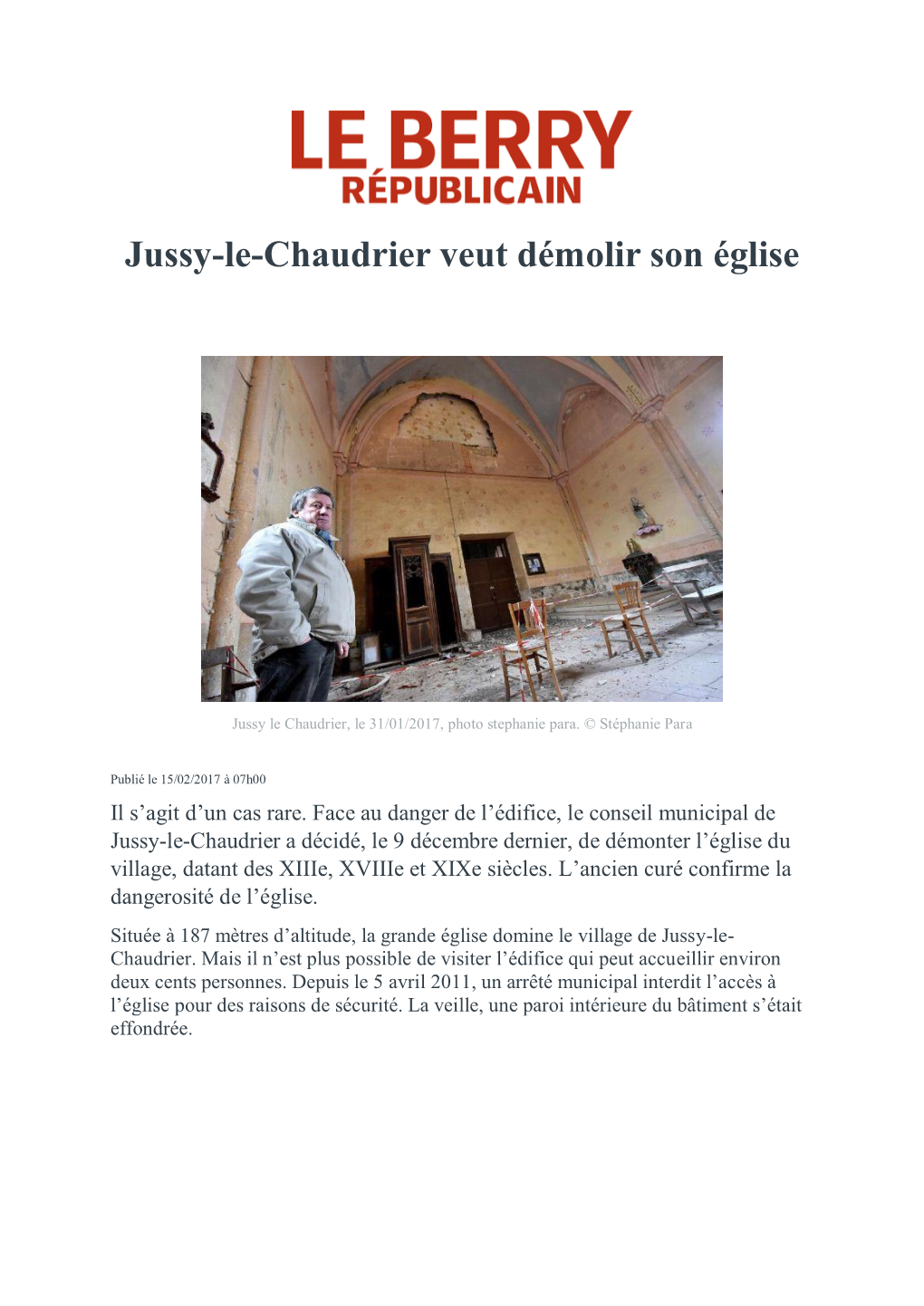 Jussy-Le-Chaudrier Veut Démolir Son Église