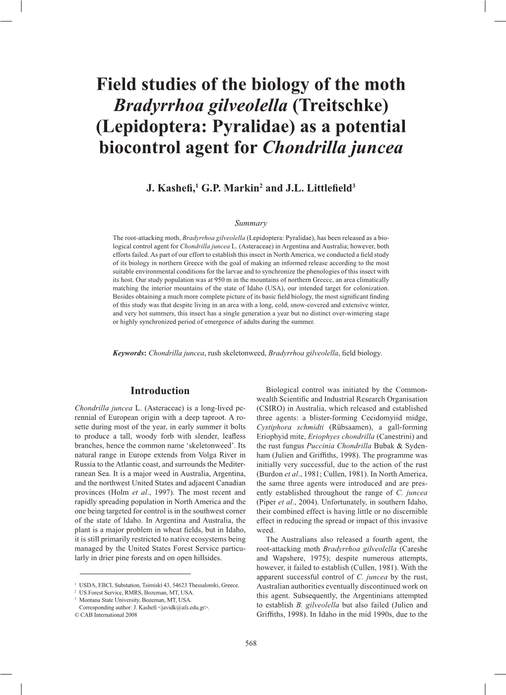 Field Studies of the Biology of the Moth Bradyrrhoa Gilveolella (Treitschke) (Lepidoptera: Pyralidae) As a Potential Biocontrol Agent for Chondrilla Juncea