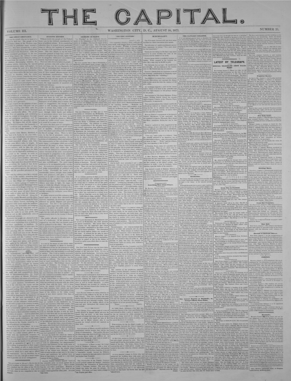 Volume Iii. Washington City, D. C., August 10, 1873. Number