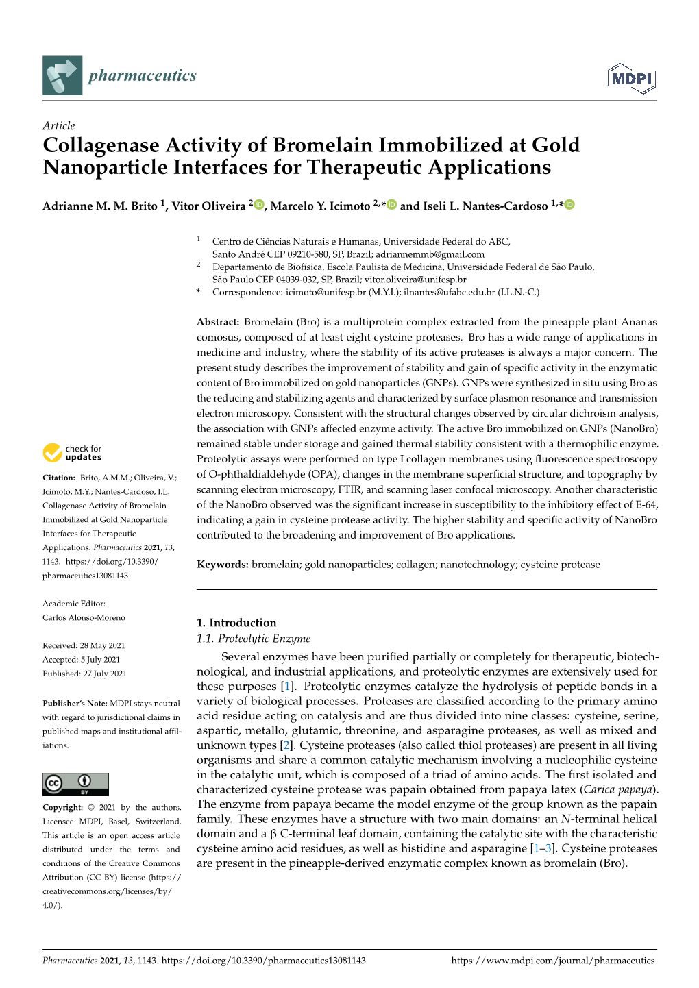 Collagenase Activity of Bromelain Immobilized at Gold Nanoparticle Interfaces for Therapeutic Applications