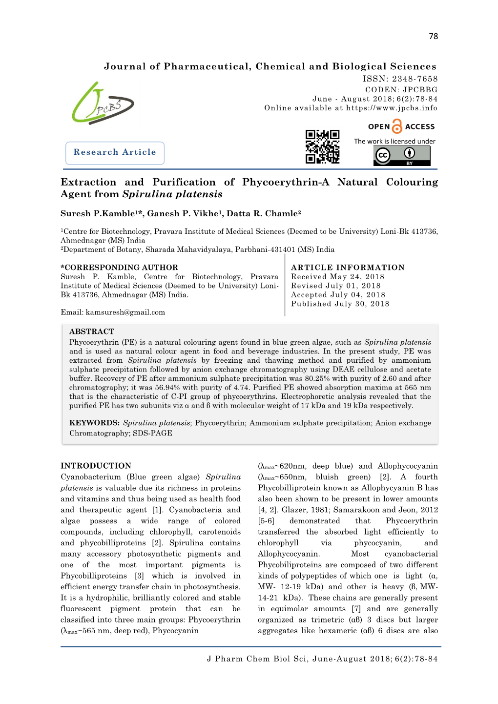 Extraction and Purification of Phycoerythrin-A Natural Colouring Agent from Spirulina Platensis