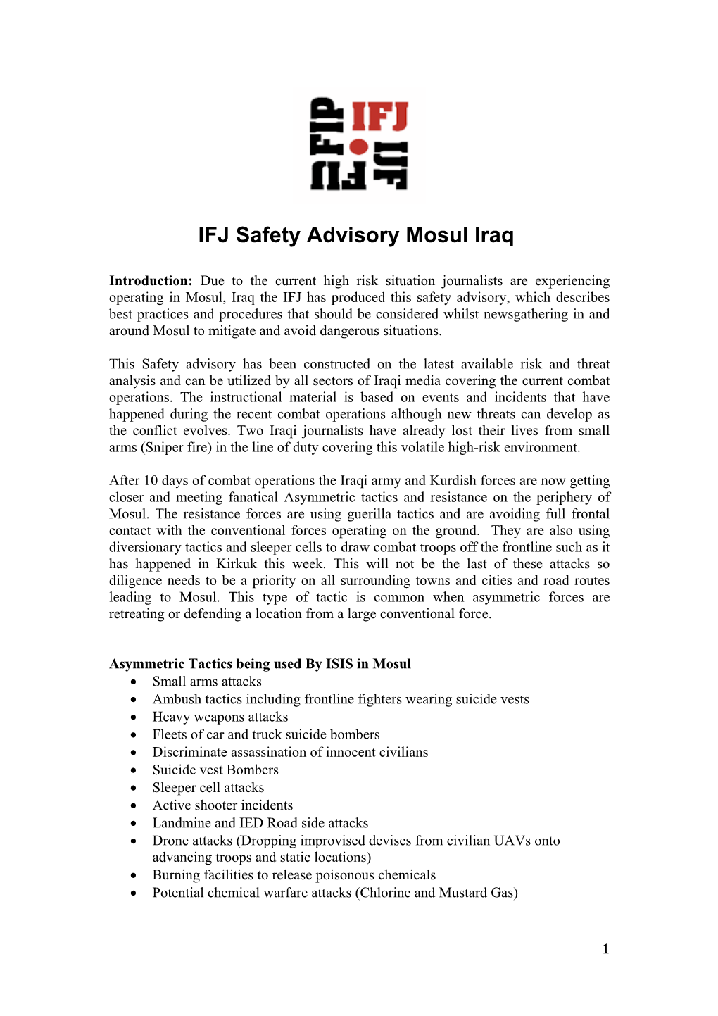 IFJ Safety Advisory Mosul Iraq