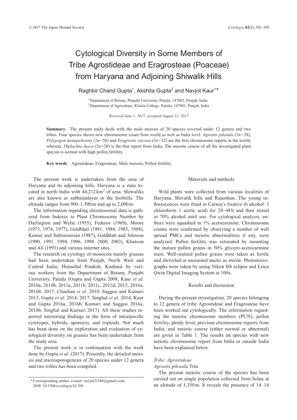 Cytological Diversity in Some Members of Tribe Agrostideae and Eragrosteae (Poaceae) from Haryana and Adjoining Shiwalik Hills