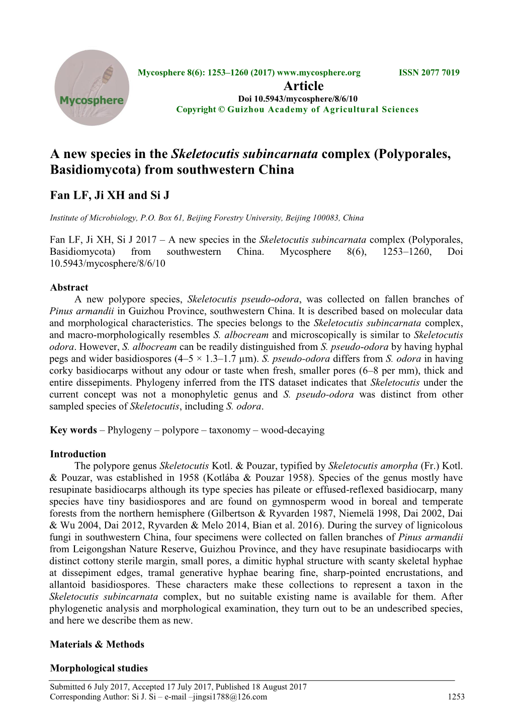 A New Species in the Skeletocutis Subincarnata Complex (Polyporales, Basidiomycota) from Southwestern China