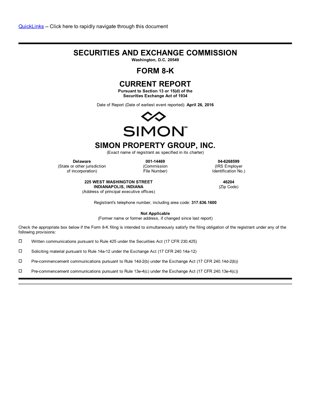 Securities and Exchange Commission Form 8-K Current Report Simon Property Group, Inc