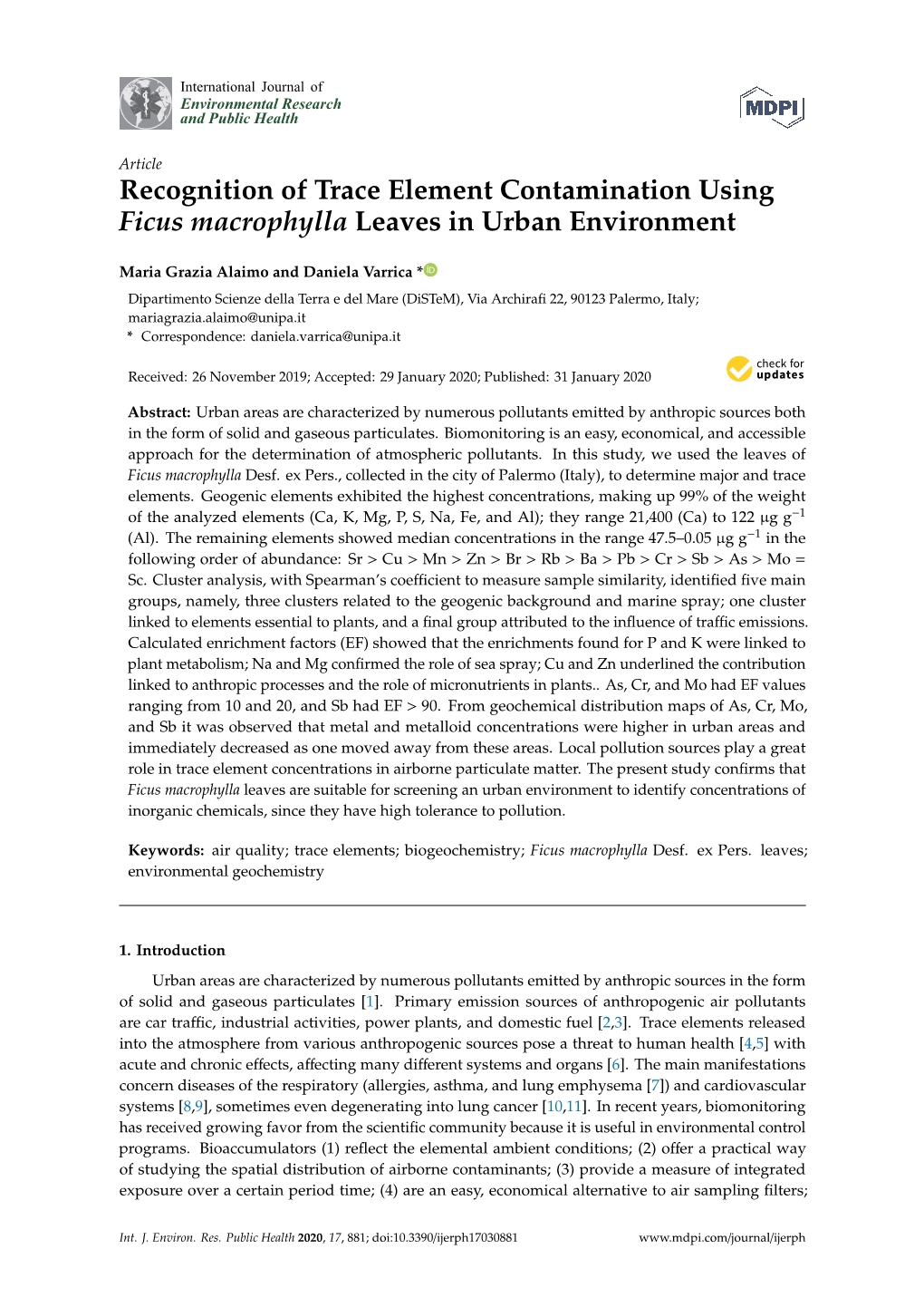 Recognition of Trace Element Contamination Using Ficus Macrophylla Leaves in Urban Environment